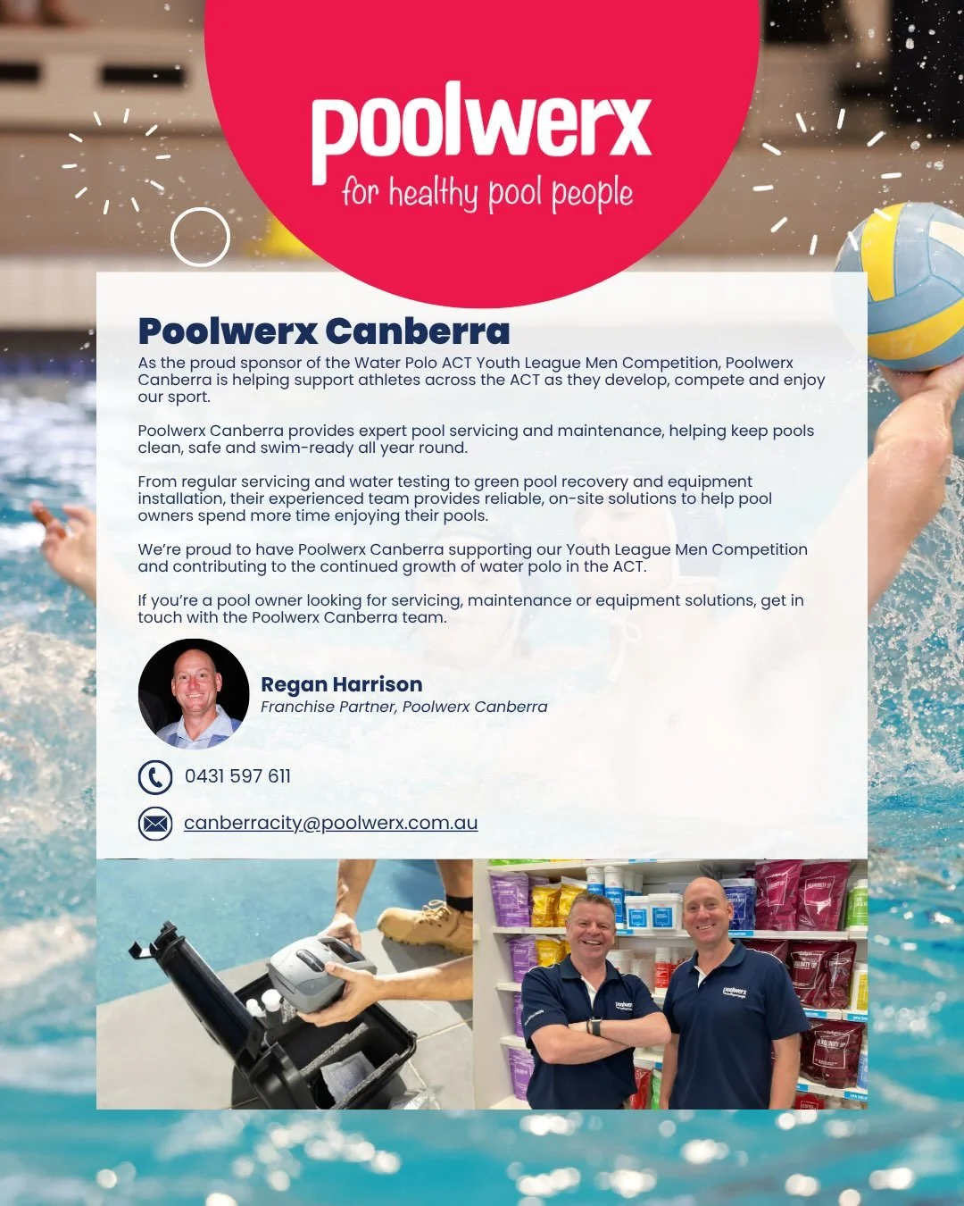 Sponsor Spotlight &ndash; Poolwerx Canberra 🏊&zwj;♂️💦

As the proud sponsor of the Water Polo ACT Youth League Men Competition, Poolwerx Canberra is helping support athletes across the ACT as they develop, compete and enjoy our sport. 🤽&zwj;♂️

Po