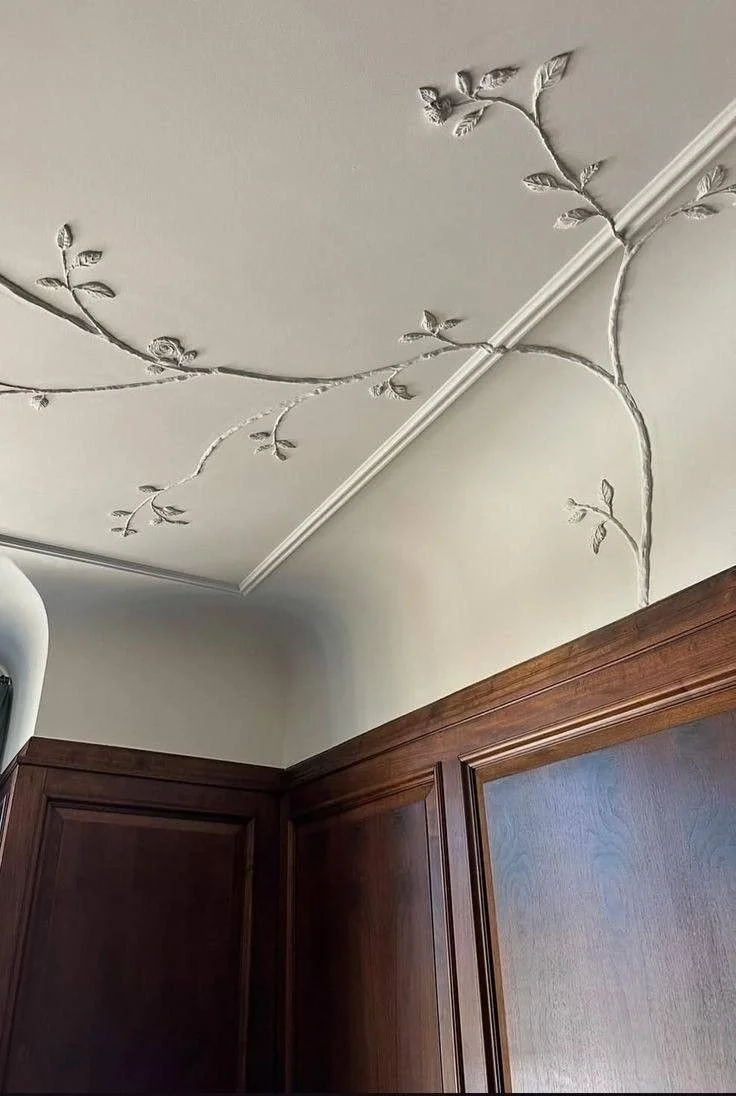 spanish european traditional modern design, plaster wall design, plaster art interior walls, floral plaster design with wood panelling