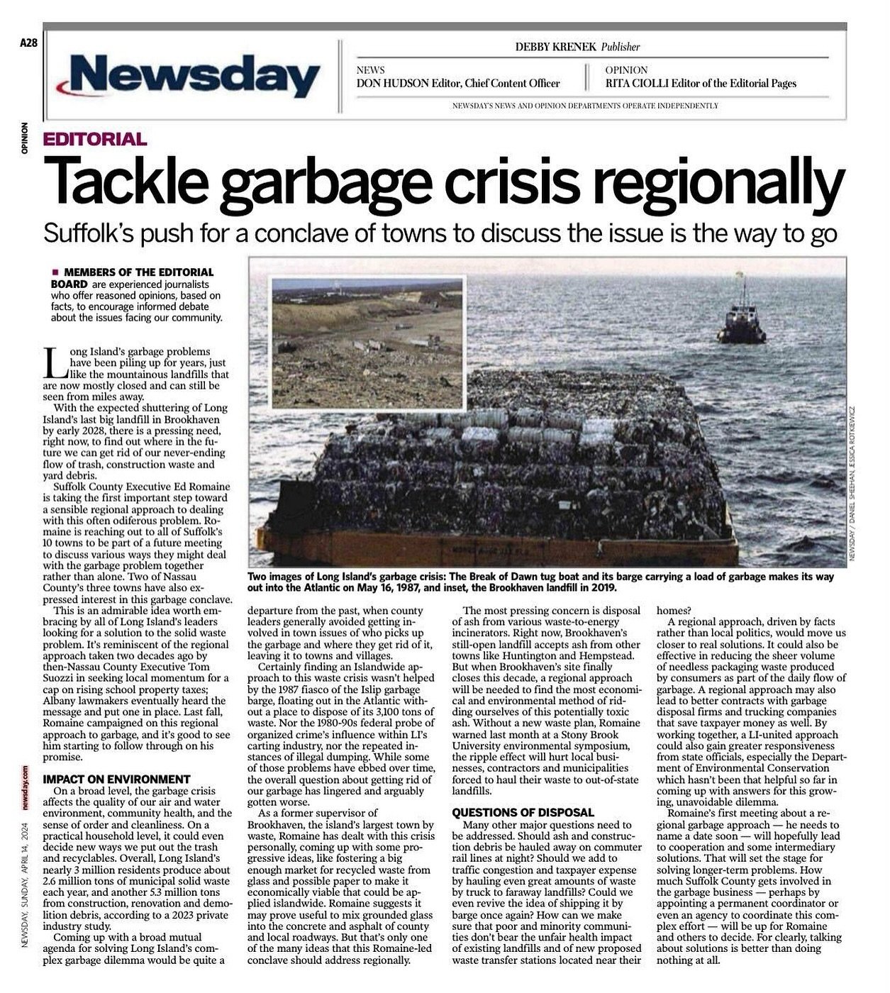 Tis the season for the annual Newsday editorial supporting the common sense approach of regional approach to trash. Indisputable! However, for the town of Brookhaven to continue profiting off of a leaky, toxic, unjust landfill while blustering about 