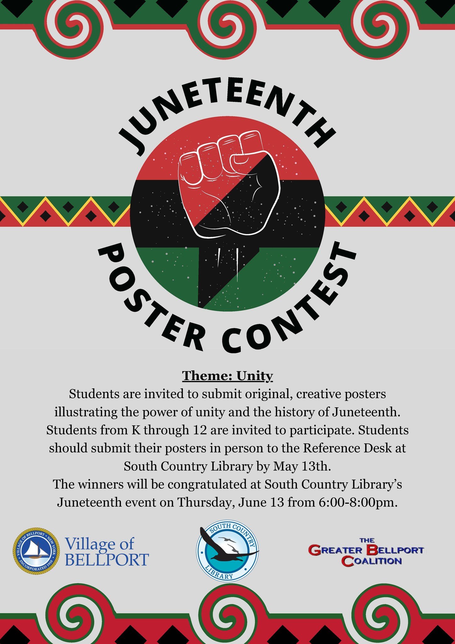 Call to Action! 

Students are invited to submit original, creative posters illustrating the power of unity and the history of Juneteenth.
Students from K through 12 are invited to participate. Students
should submit their posters in person to the Re