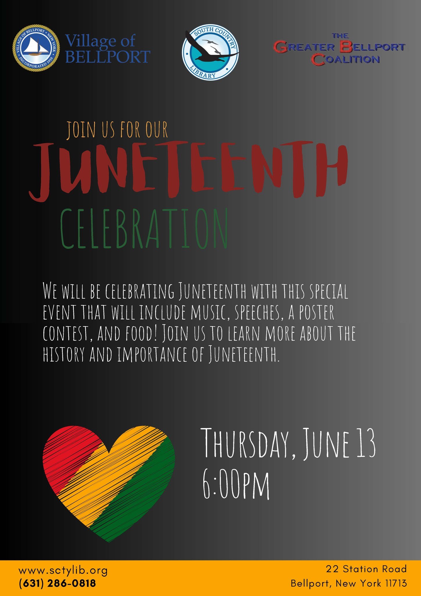 Call to Action! 

Students are invited to submit original, creative posters illustrating the power of unity and the history of Juneteenth.

Students from K through 12 are invited to participate. Students should submit their posters in person to the R