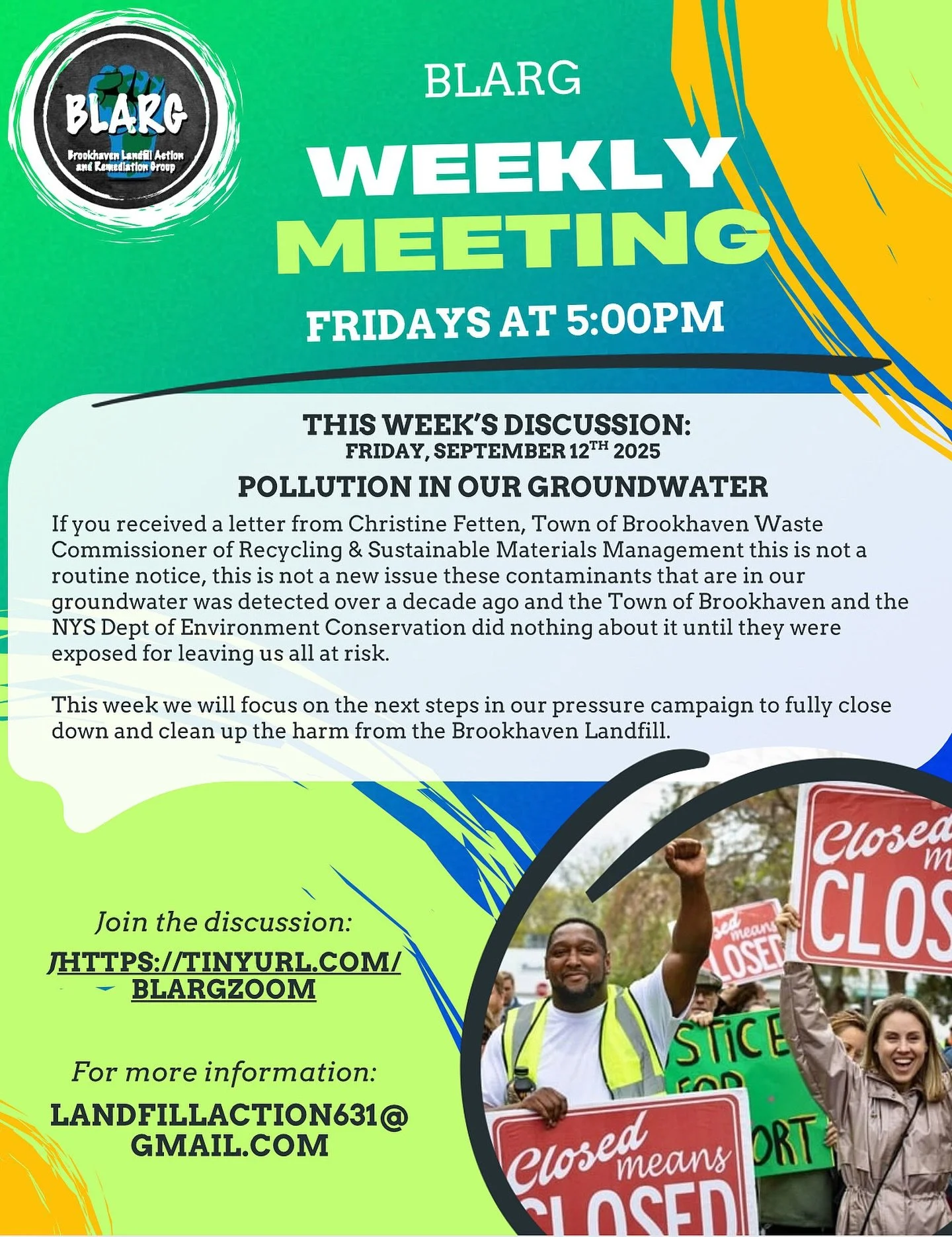Groundwater contamination has been ignored for too long—join us this Friday at 5 PM (September 12th) to demand action on the Brookhaven Landfill. ๐งโ Together we can push for a full cleanup and protect our community’s future.