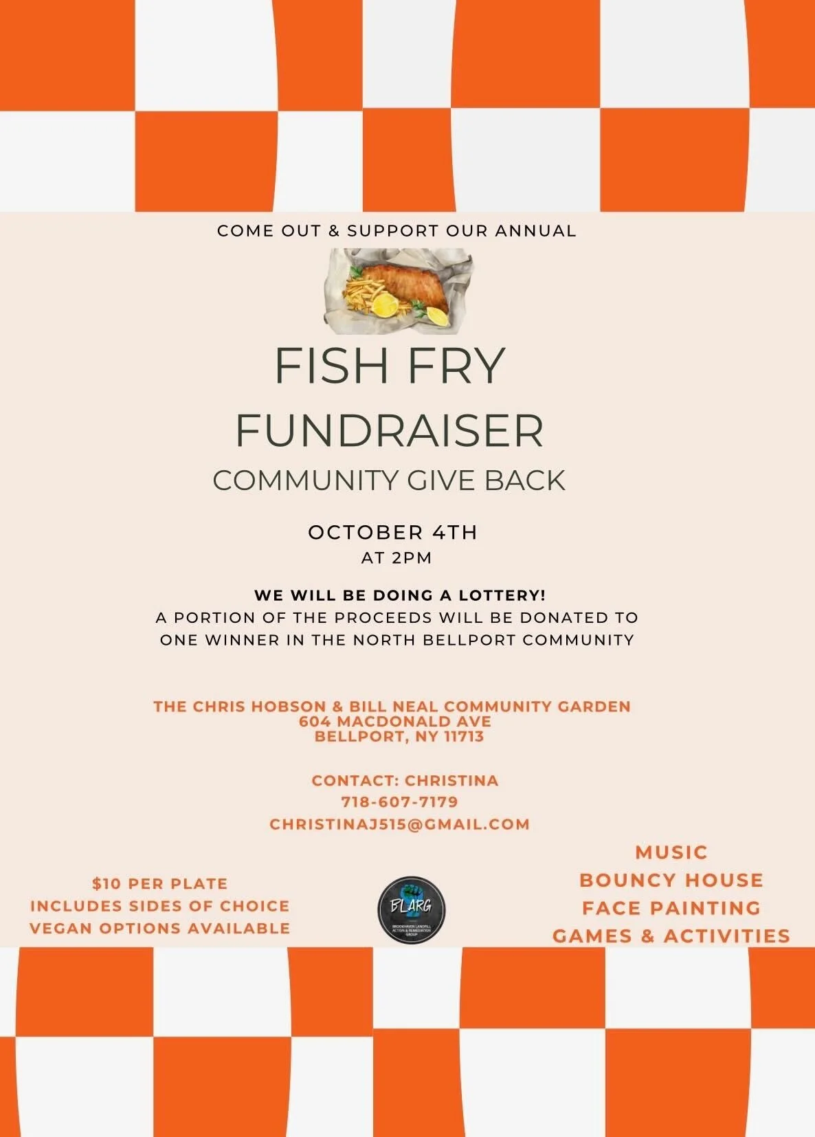 ✨🐟 Join us for our Annual Fish Fry Fundraiser! 🐟✨

On October 4th at 2PM, we&rsquo;re coming together at The Chris Hobson &amp; Bill Neal Community Garden in Bellport for great food, fun, and community spirit. Plates are just $10 (vegan options ava