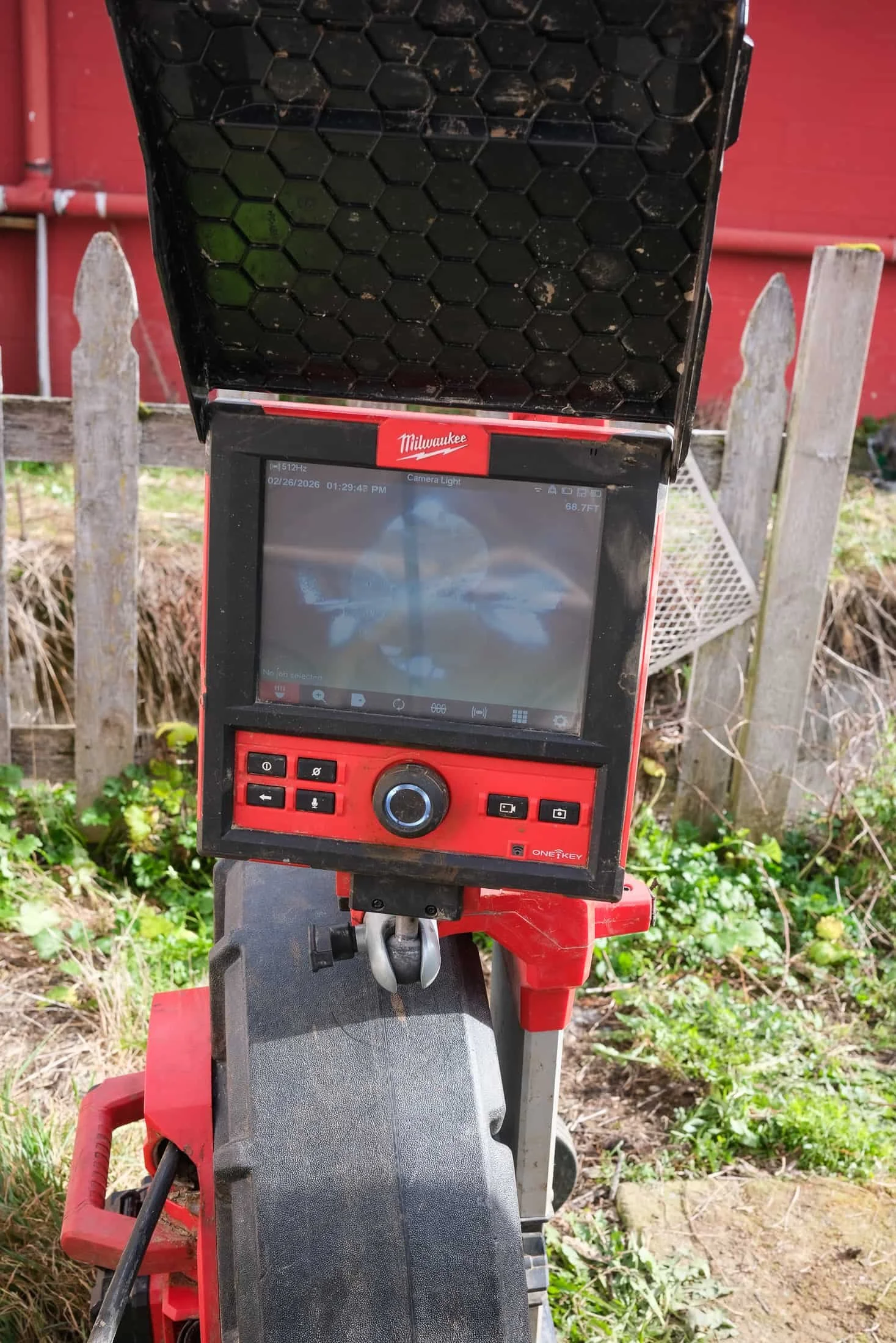 A screen showing what a pipe camera is currently inspecting in a sewer line.