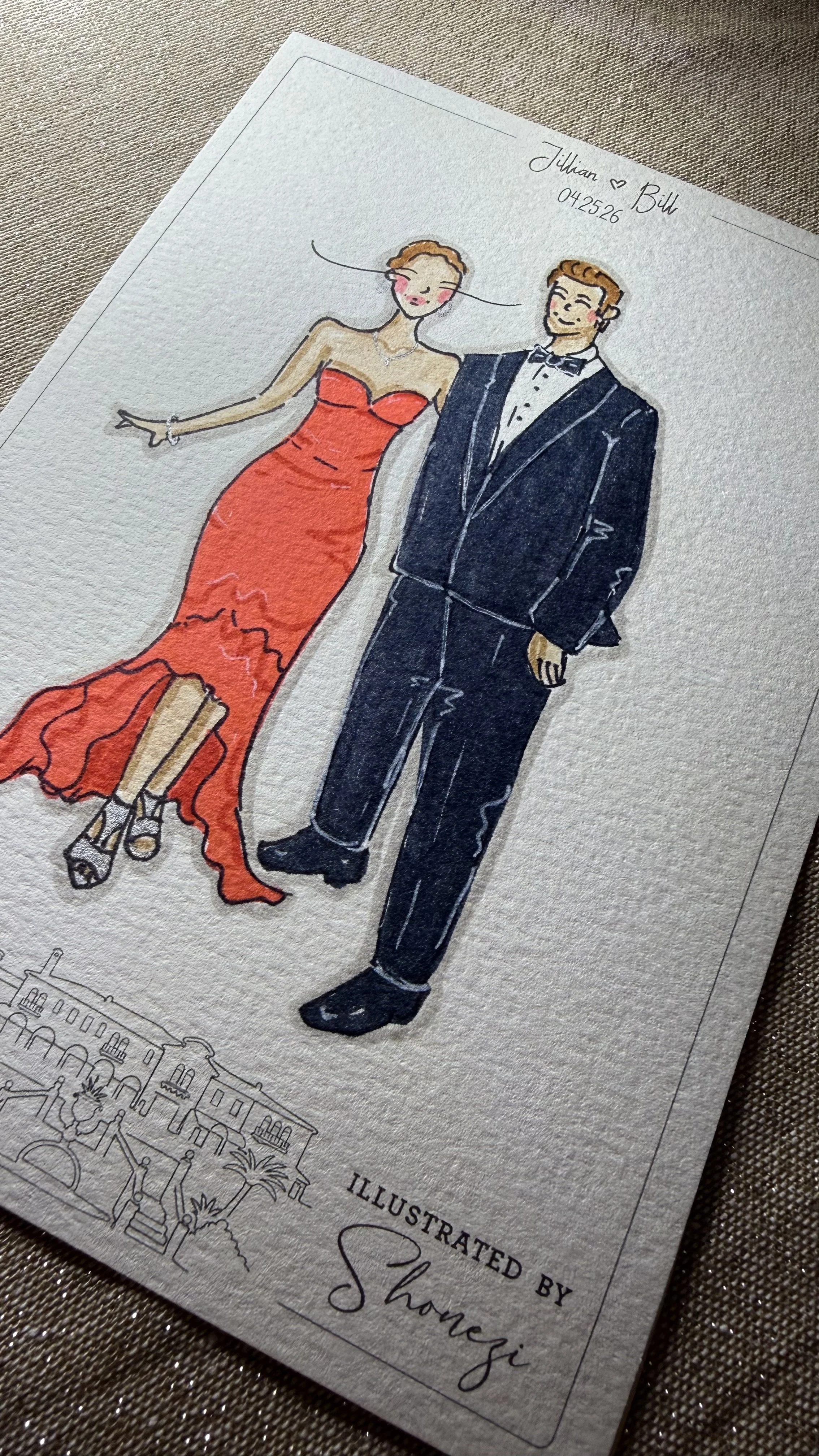 Hand-drawn illustration of a couple in formal attire, woman in a red gown and man in a tuxedo, on a textured beige background, with text indicating their names and date of the event.