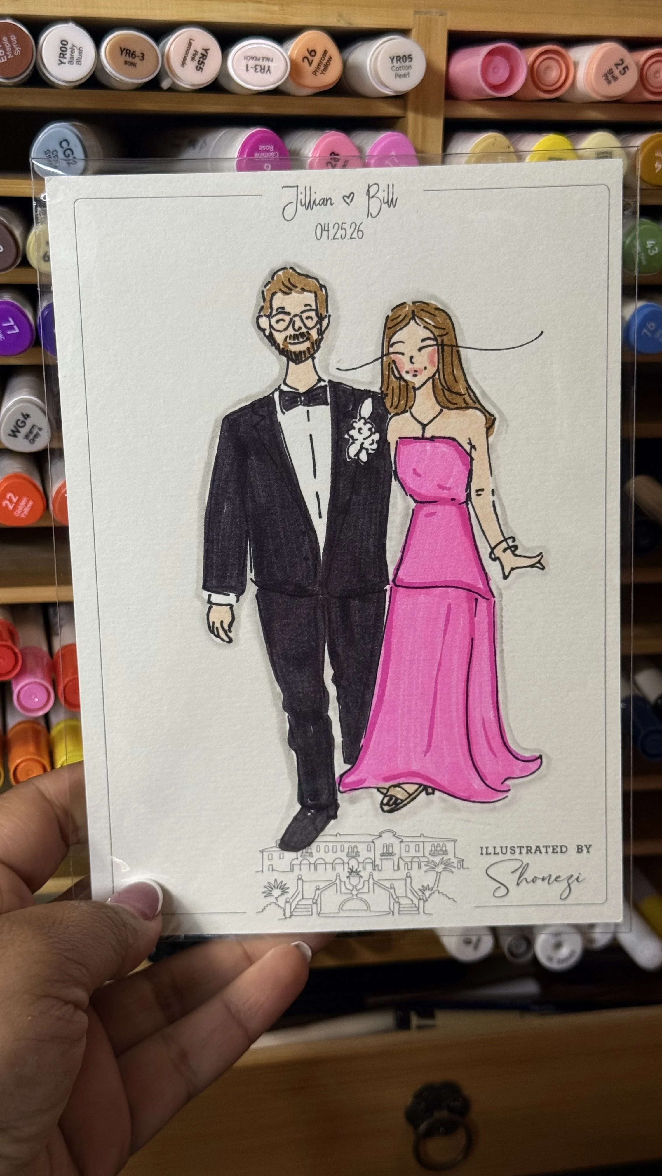 Hand-drawn illustration of a couple in wedding attire: a man in a tuxedo and a woman in a pink gown, standing side by side.