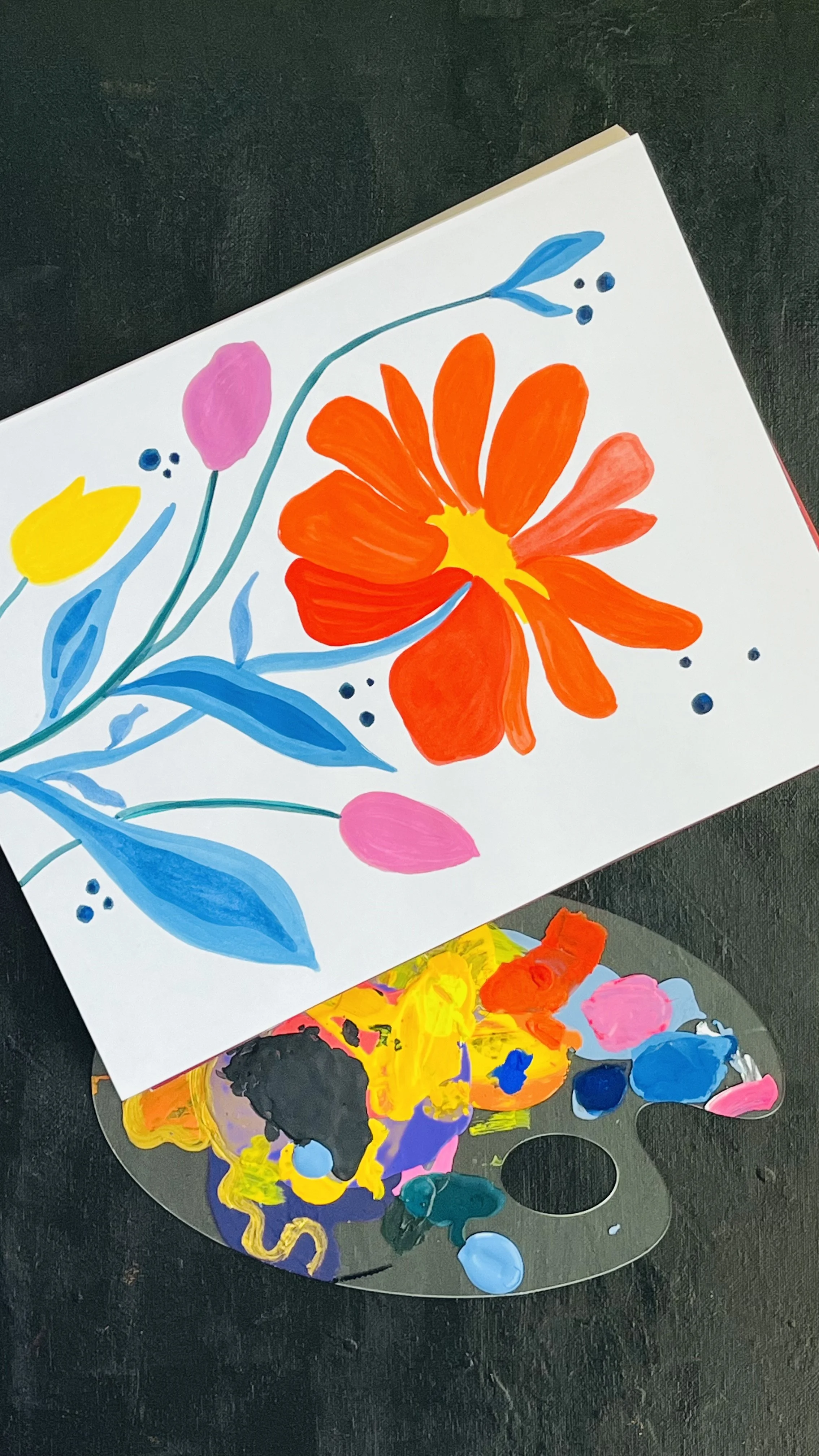A colorful painting of flowers on a piece of white paper, with a paint palette filled with bright colors below it.