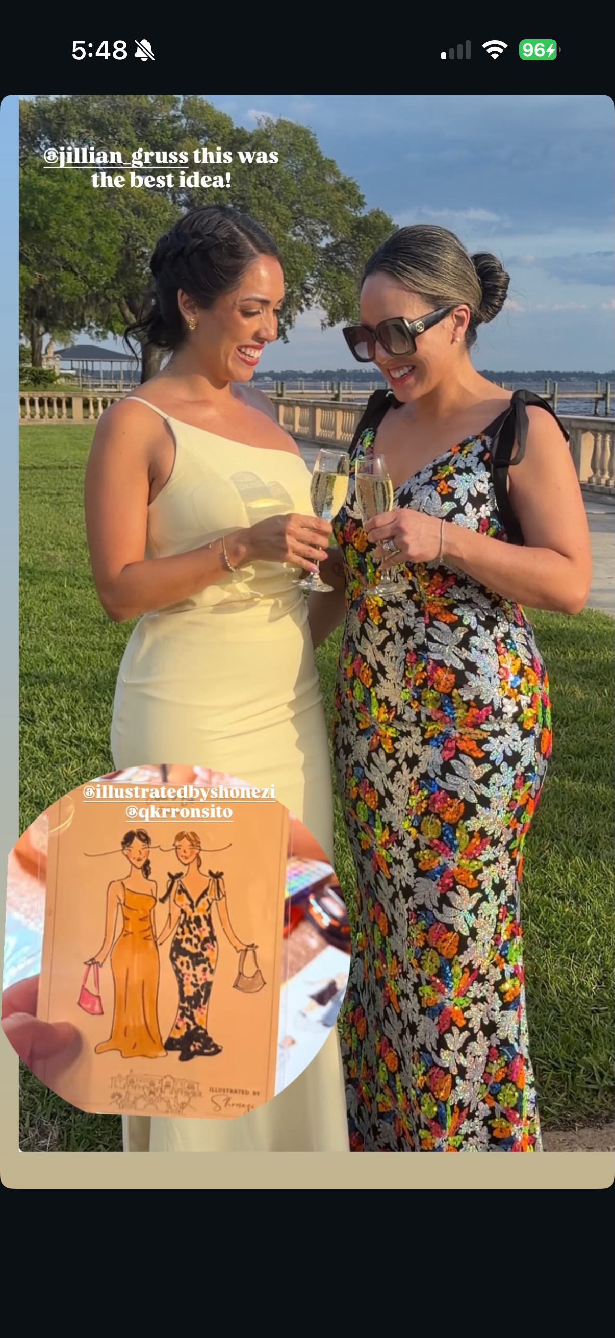 Two women smiling and holding champagne glasses outdoors near a waterway, one in a yellow dress with braided hair, the other in a floral dress with sunglasses, with a drawing of two women in dresses at the bottom.
