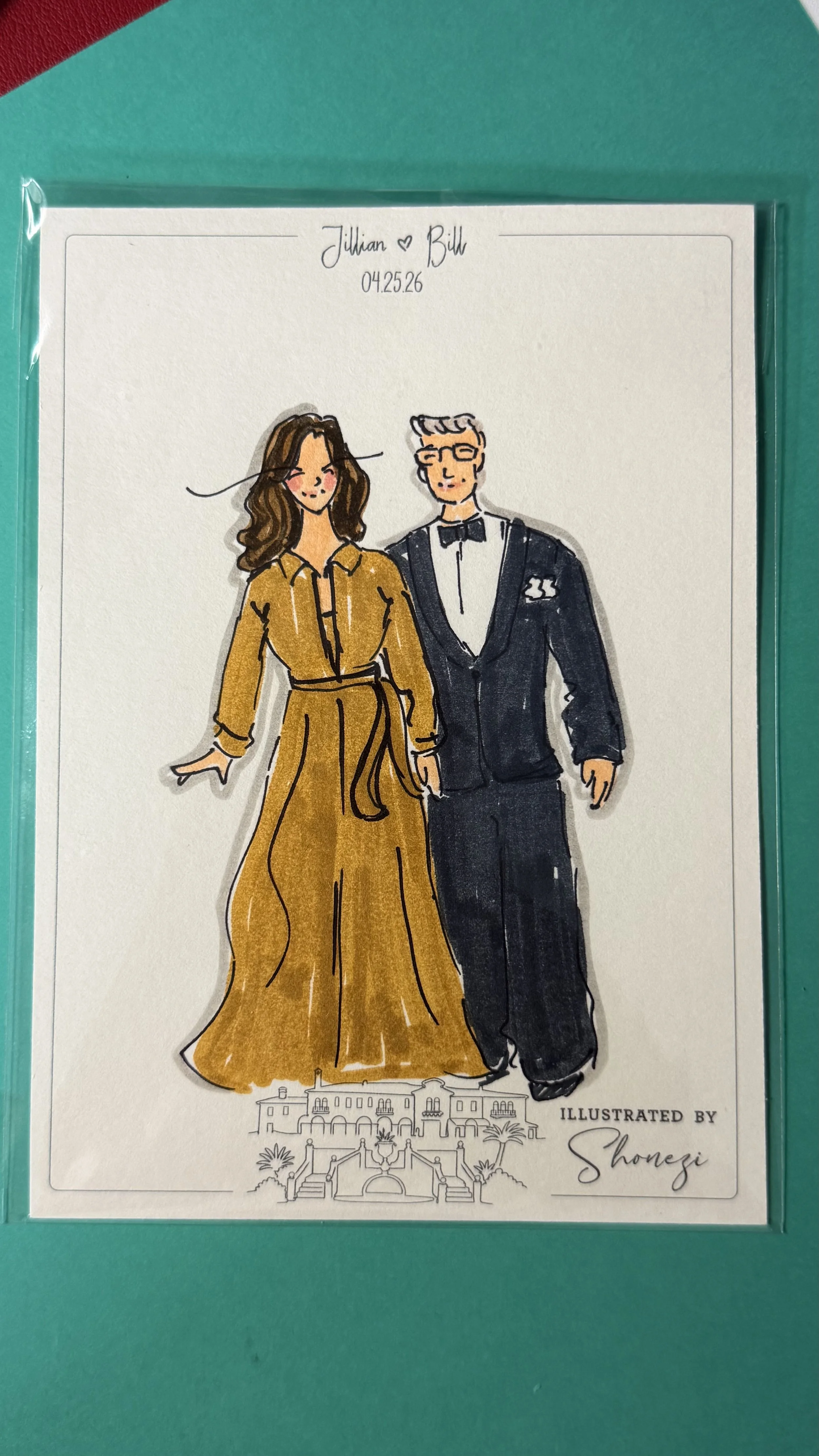 Hand-drawn illustration of a couple dressed in formal attire, a woman in a long, gold gown with a belted waist and a man in a tuxedo with a bow tie and glasses, standing in front of a white background. Top of the image has handwritten text: "Jillian 