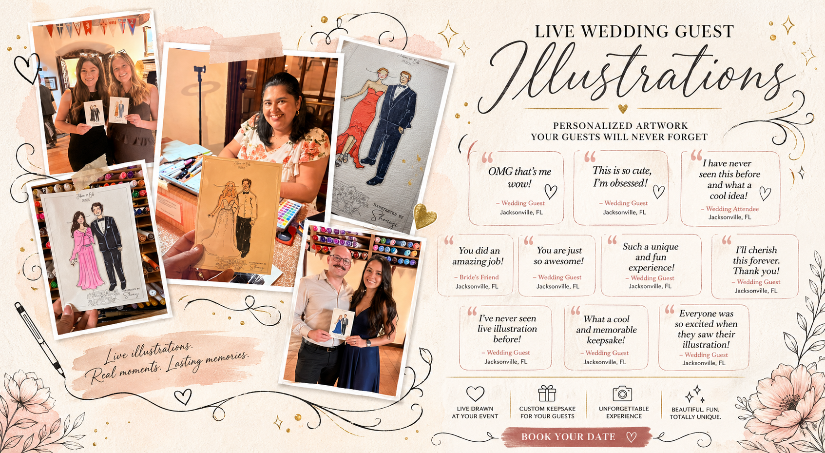 A collage of photos and illustrations advertising live wedding guest artwork, featuring people holding custom illustrations of themselves at a wedding, with decorative floral and sketch elements, along with quotes and contact icons.