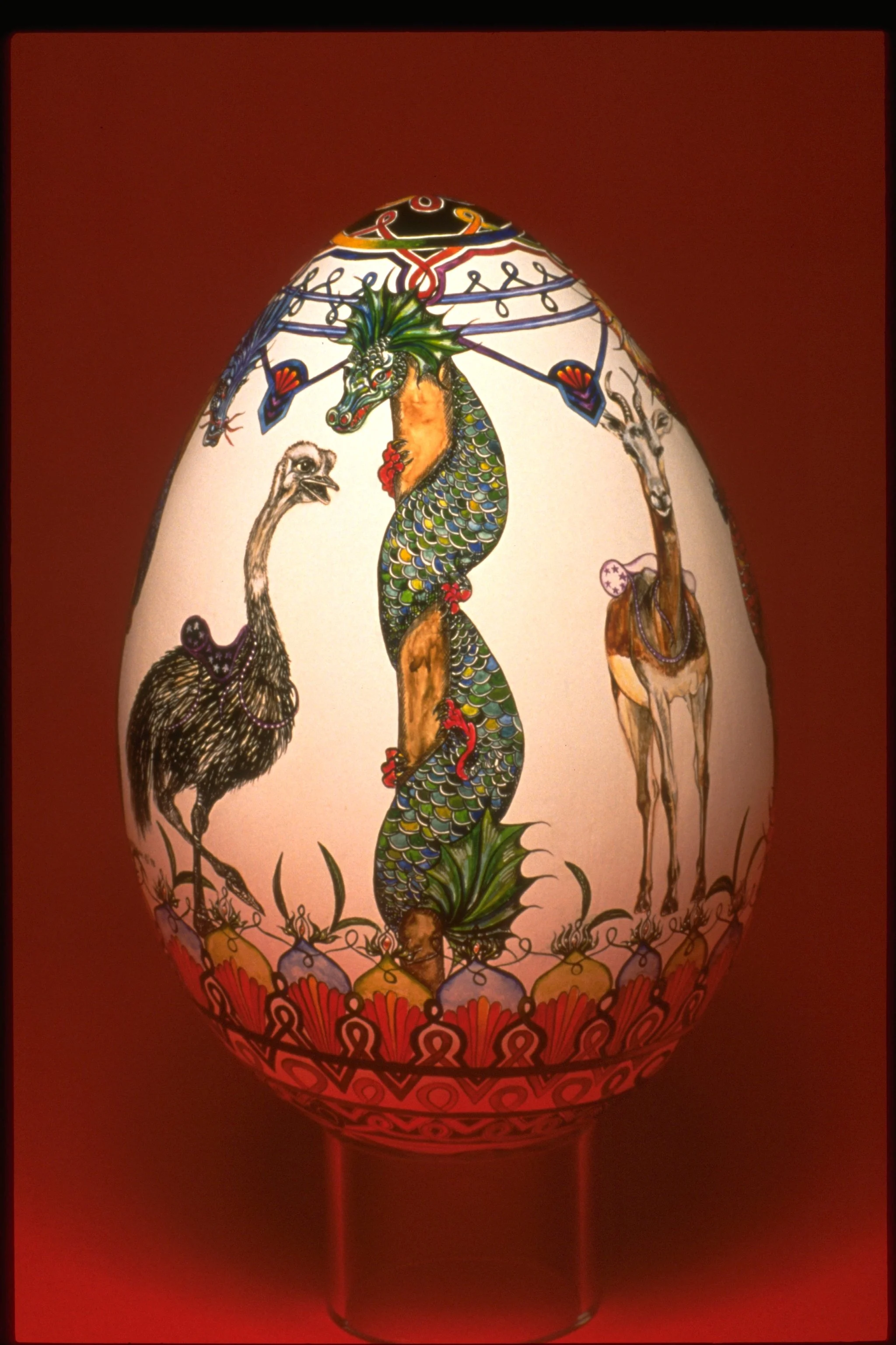 CAROUSEL - Lathed wood/Pigment - 5.5"X7.5" Ostrich egg sized - An iconic image created for I. Magnin S.F. for their annual Spring Exhibit.