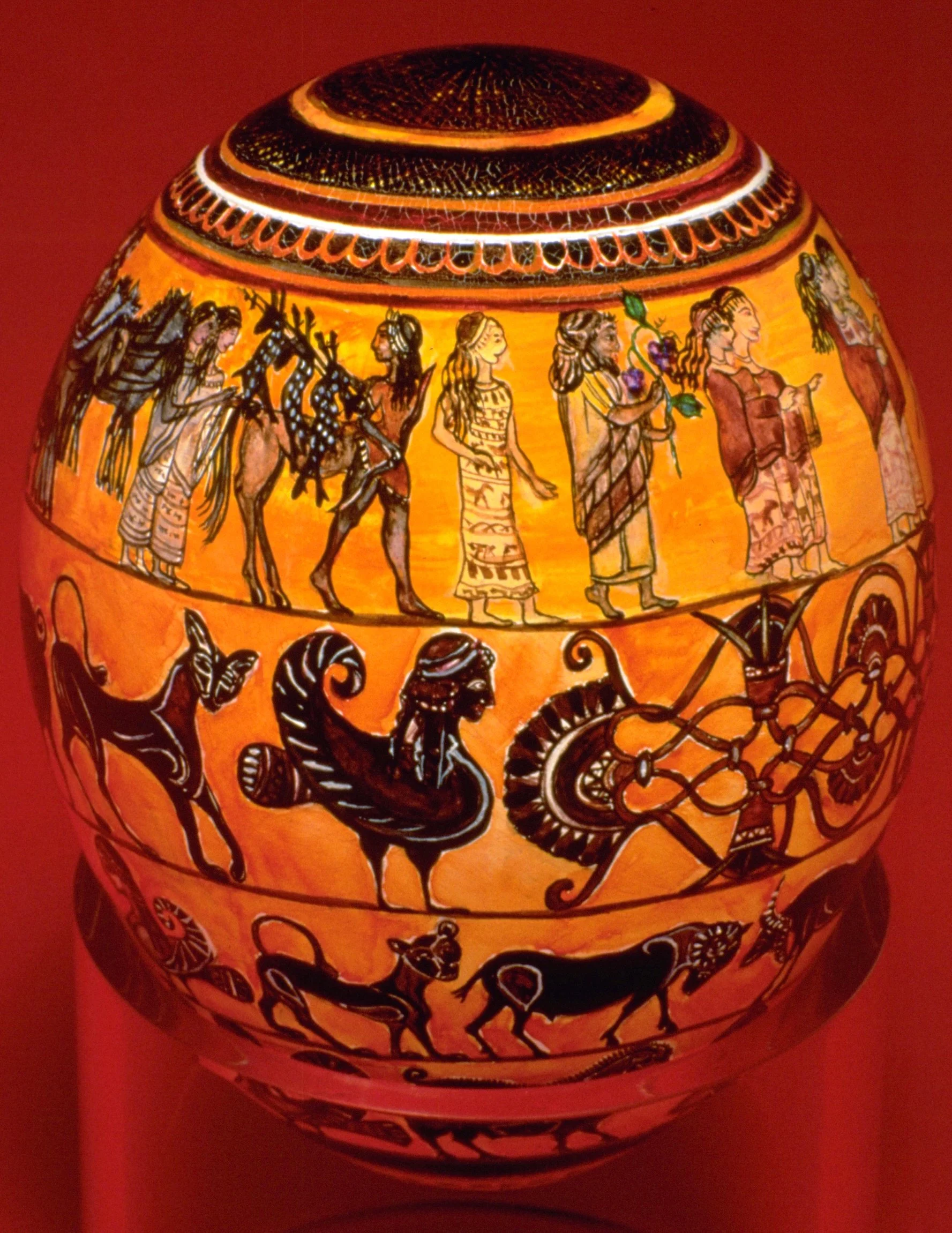 AMPHORA - Lathed wood/Pigment - Hen sized egg - In memory of ancient Greco Roman artists.