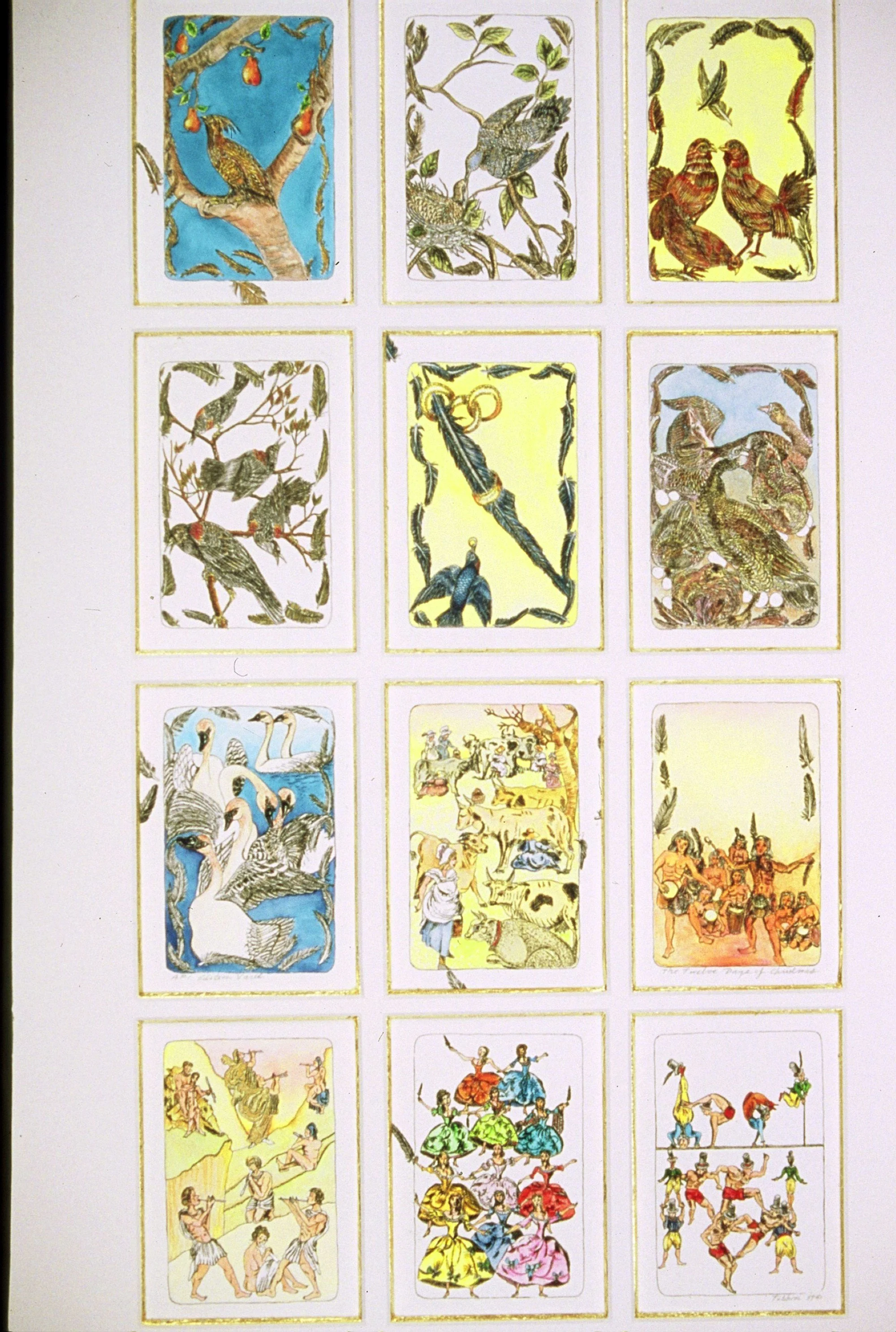 TWELVE DAYS OF CHRISTMAS (Cards) -  Intaglio and Watercolor - 12"X9" - From the partridge in a pear tree to the twelve Lords a leapin', the beloved holiday carol suggests all sorts of images.