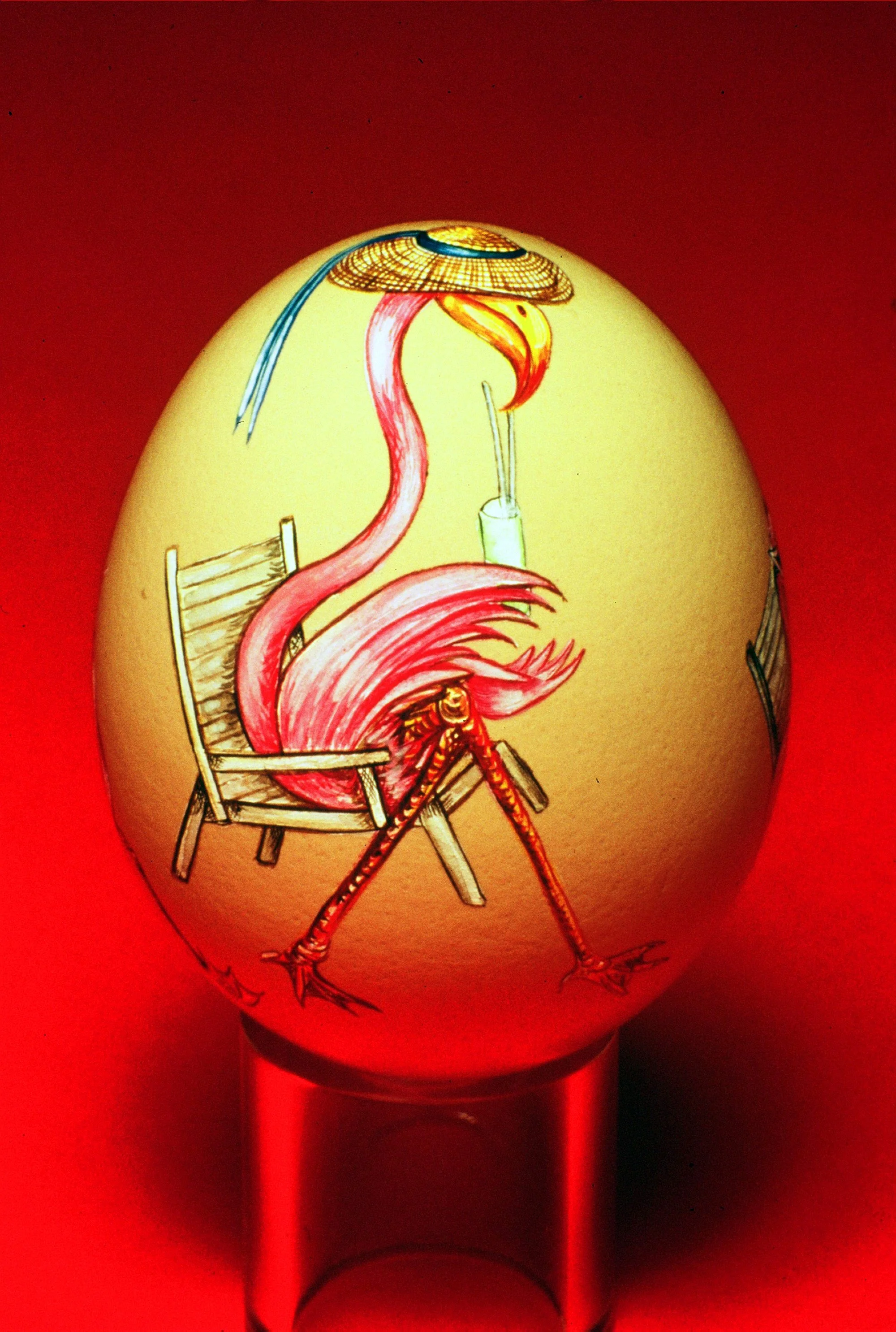 FLAMINGOS at the BEACH - Lathed wood/Pigment - Hen sized egg