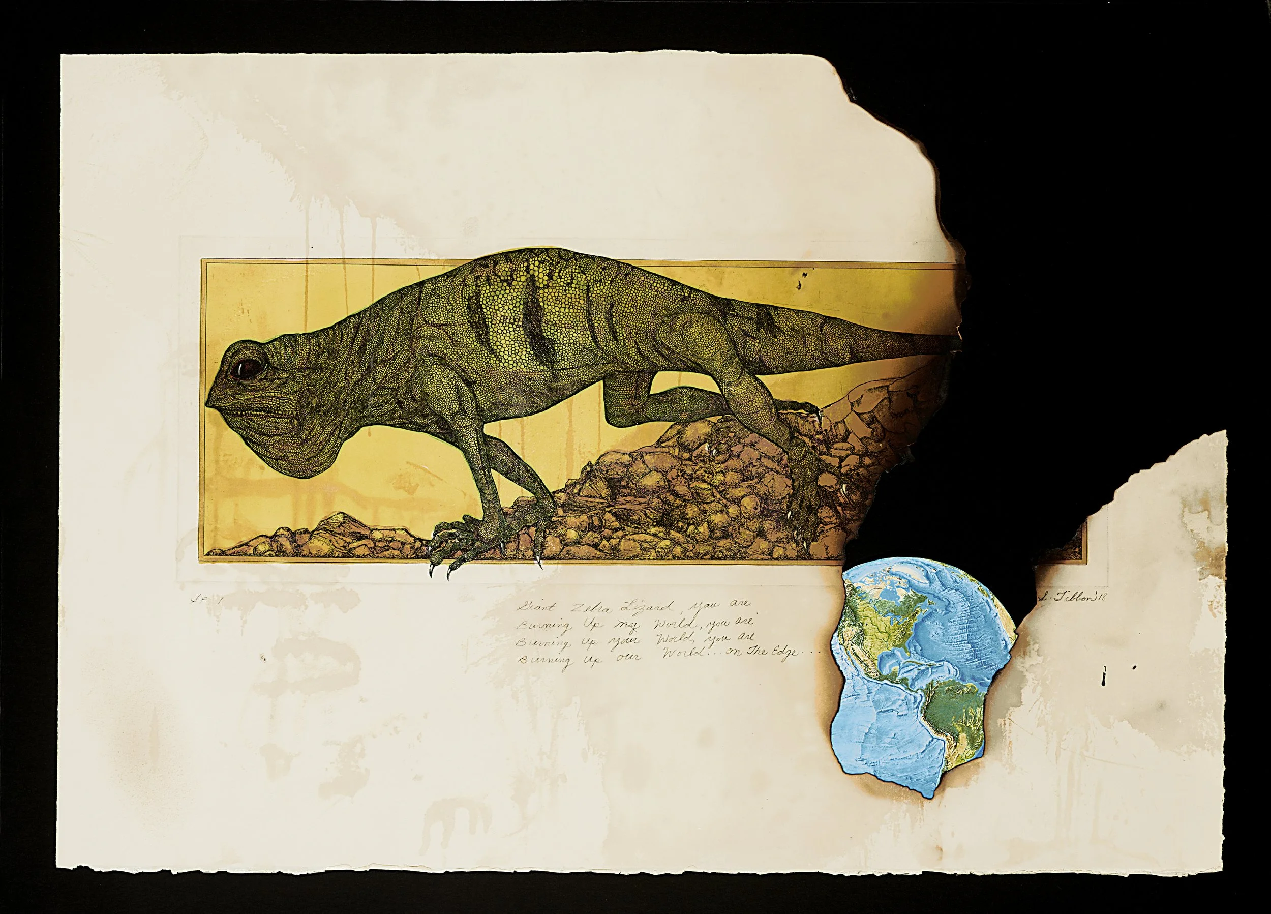 WORLD ON FIRE- Intaglio and watercolor - This is an example of how Susan sometimes uses, not only color, but novel methods to create a more powerful statement.

