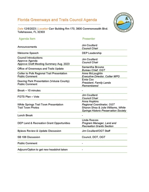 FGTC (DEP) December Meeting Agenda and New Map of Sun Trail Network —  Florida Greenways & Trails Foundation