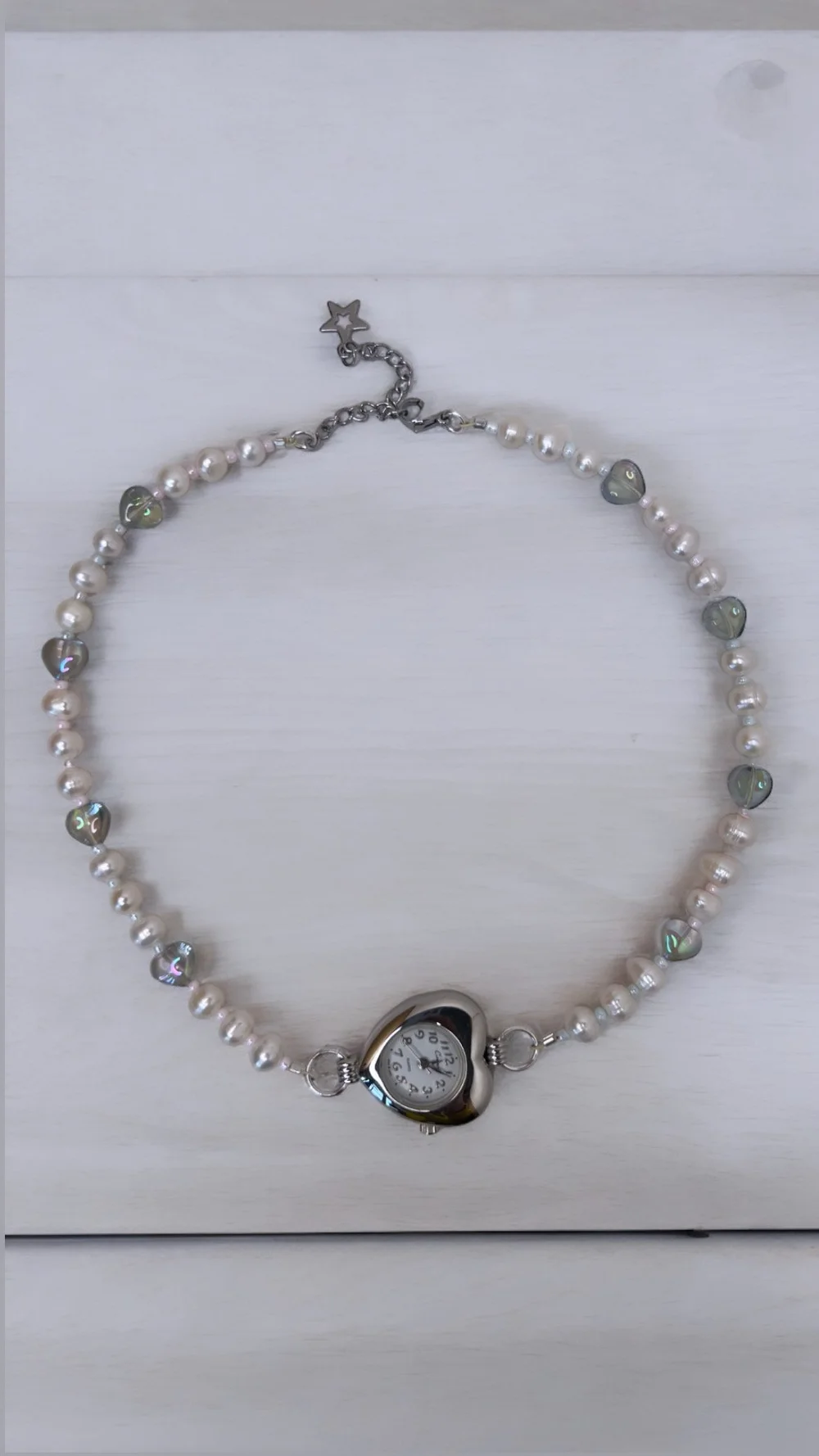 Fresh Water Pearl Beaded Sterling Silver Heart Locket Watch - Pearl Hearts Beaded Watch Necklace — Mali Maven main image 3