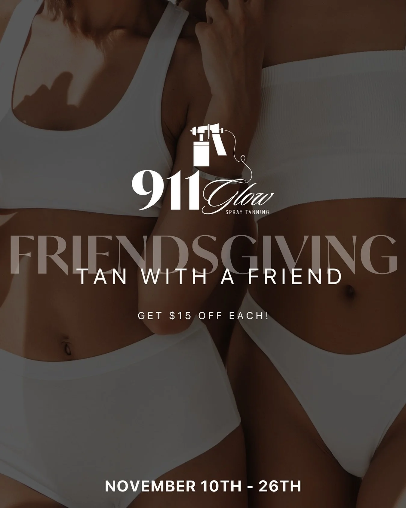 This season, we&rsquo;re hankful for good friends, great tans, and that extra boost of confidence that comes with both.

Book the Friendsgiving Tan option and get $15 off each when you tan together. Available November 10&ndash;26 at 911 Glow.

#frien