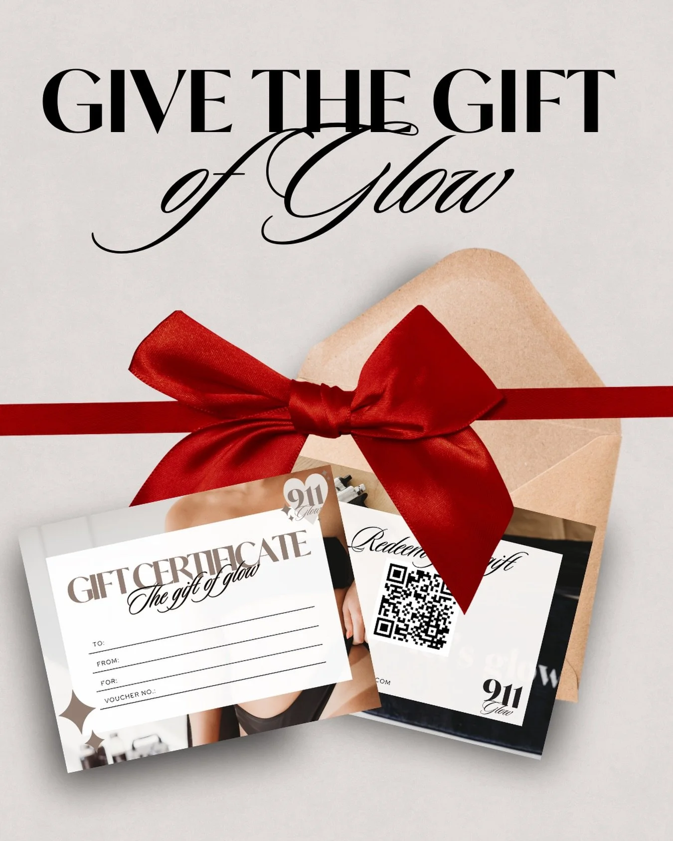 Give the gift everyone actually wants this season ✨
A flawless spray tan never gets returned 😉 
911 Glow gift certificates are easy, thoughtful, and always a hit.

Buy online or pickup in studio!