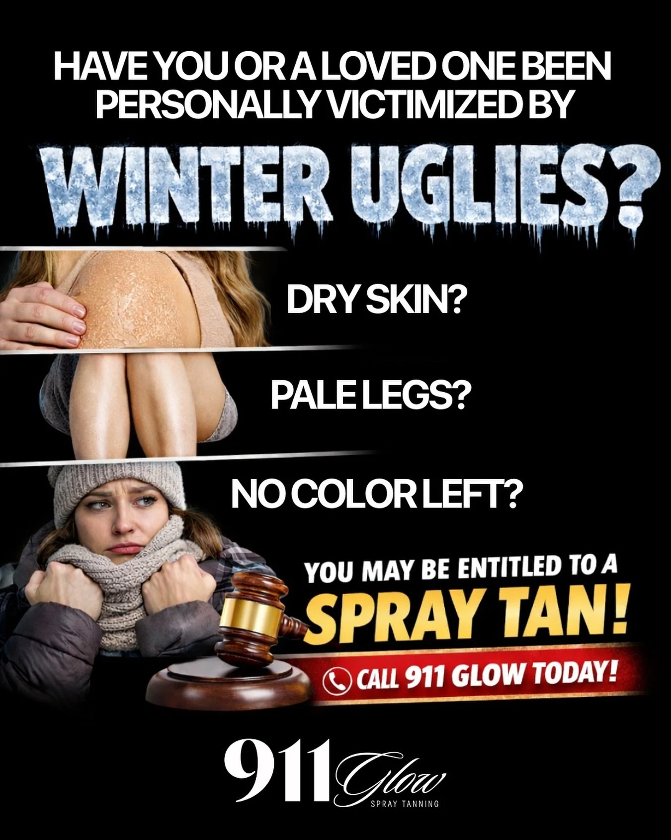 Have you been personally victimized by winter uglies?
Dry skin. Zero color. Questioning your outfit choices.

At 911 Glow, we&rsquo;re here to help. Book your spray tan today because winter already took enough from us. 911glowspraytanning.com

#winte