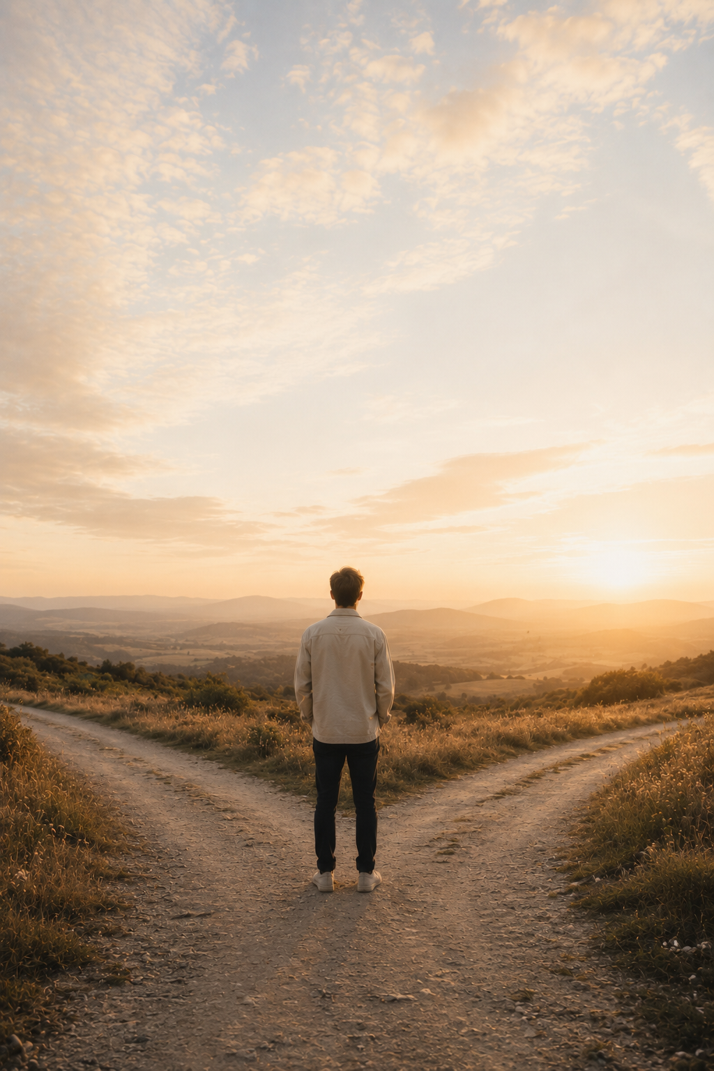 A person standing at a fork in a dirt path during sunset, with rolling hills and a partly cloudy sky in the background.