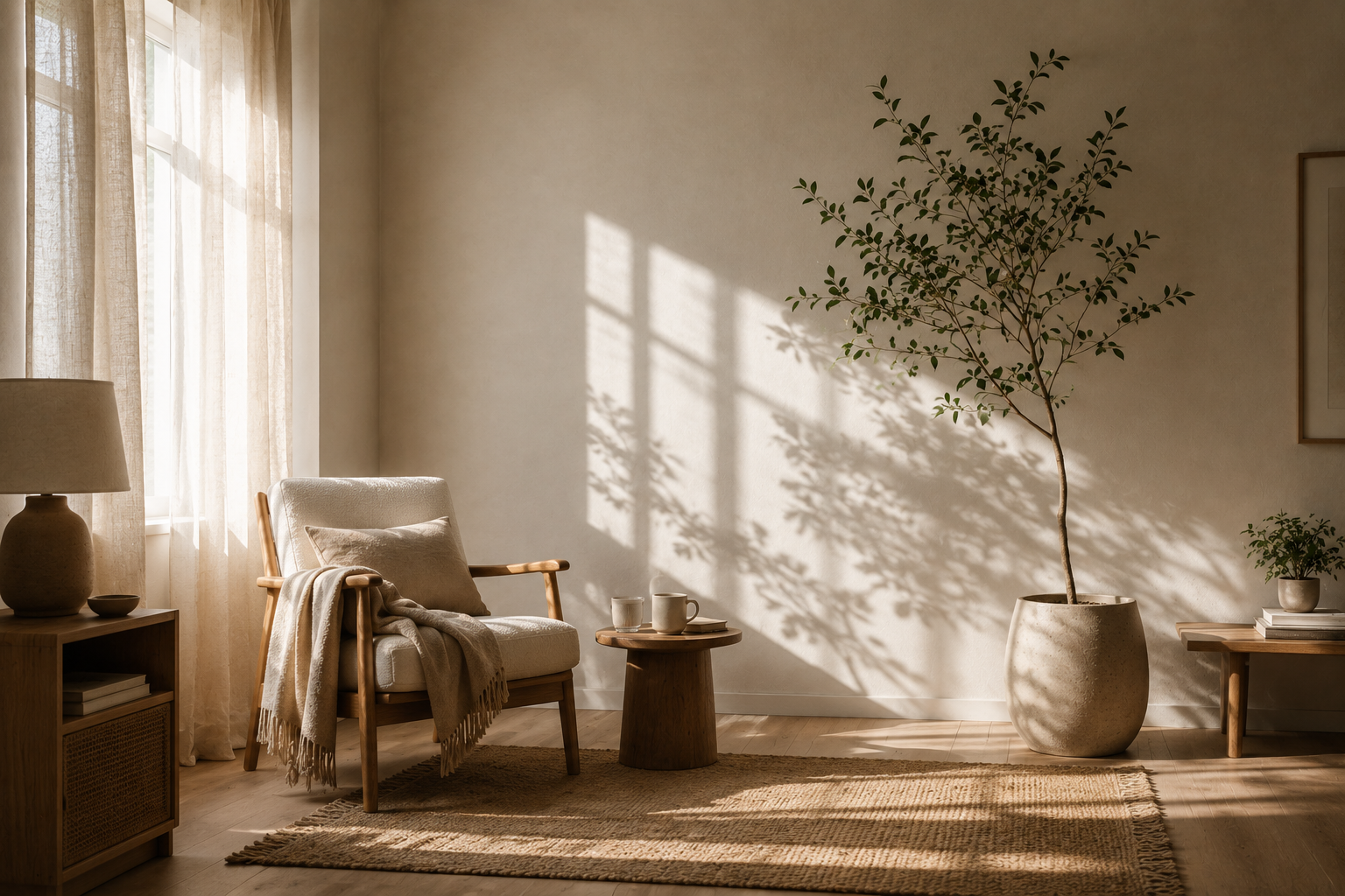Minimalist living room with a chair, blanket, table with cups, large potted tree, and sunlight casting shadows on the wall.