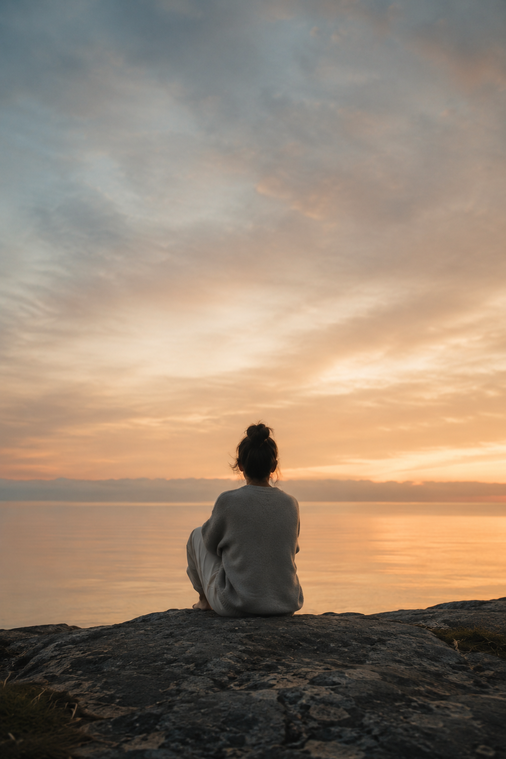 A person with a top knot hairstyle sitting on a rocky surface, looking out at a sunset over a body of water with a sky filled with soft clouds.