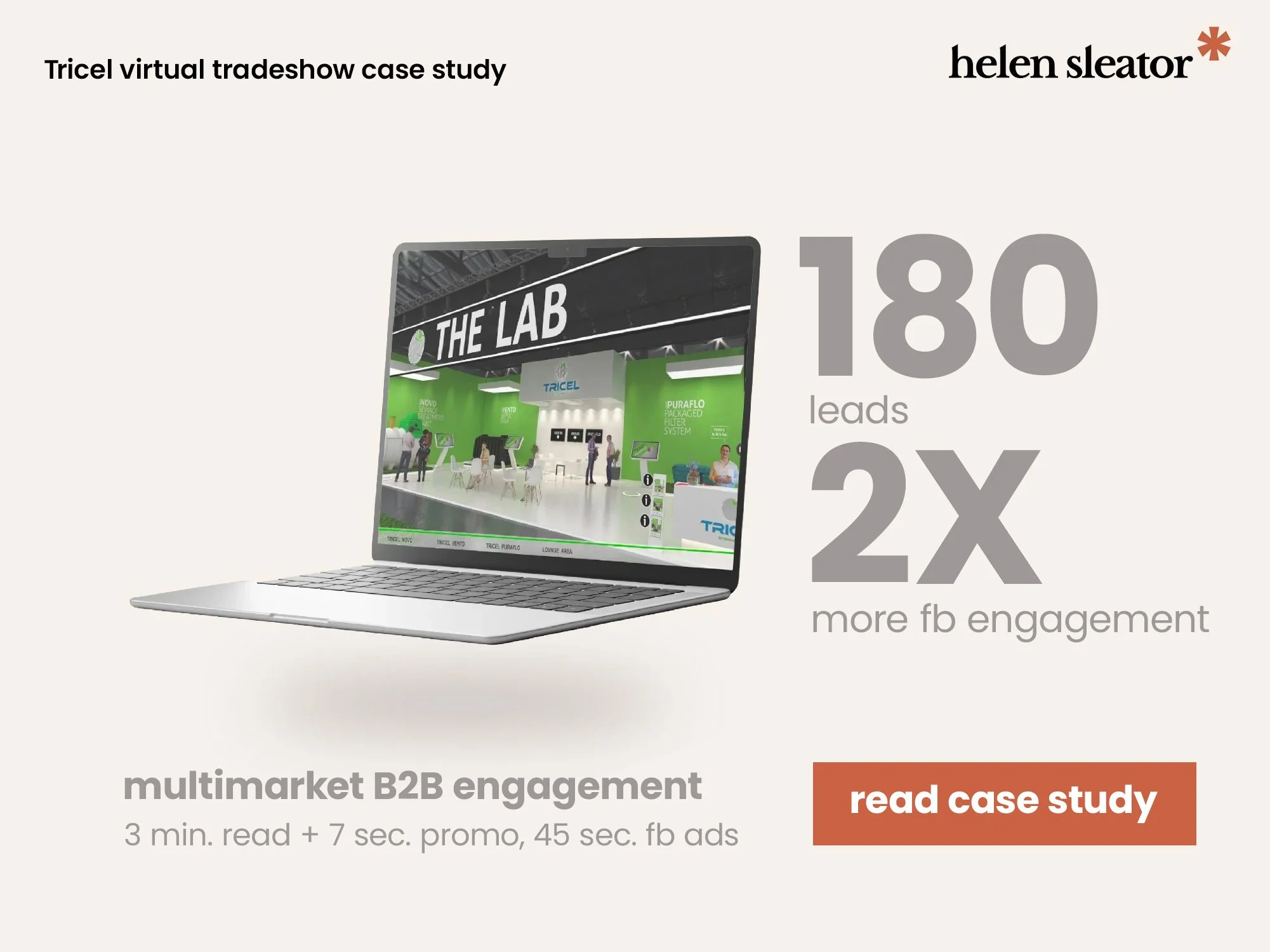 Promotional graphic displaying a laptop with an image of an exhibition booth on the screen, accompanied by text highlighting a case study about a virtual tradeshow lead generation campaign, with statistics indicating 180 leads and twice the Facebook 