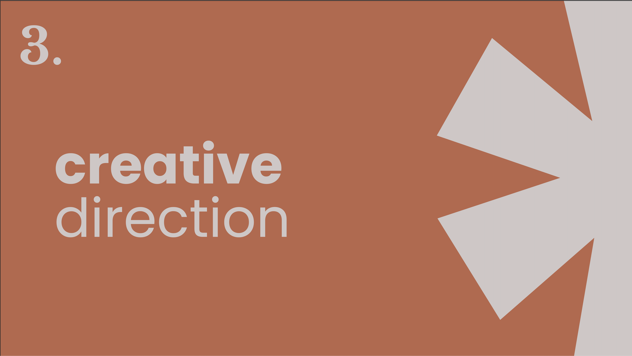 Slide with the text '3. creative direction' on a brown background and geometric shapes in shades of brown and light gray.
