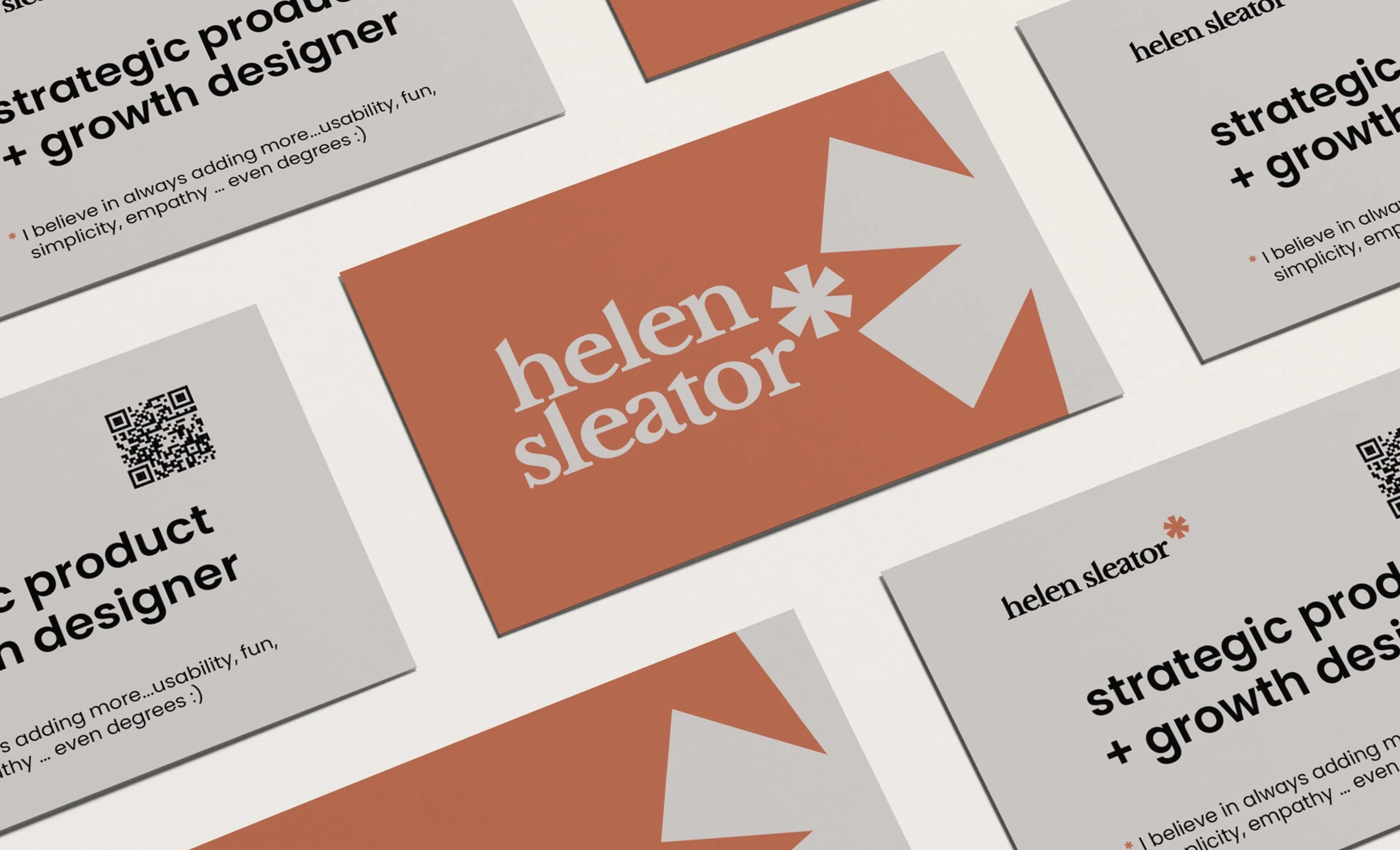 Multiple business cards and logo designs for Helen Sleator, with text including her name, the description "strategic product + growth designer," QR codes, and design elements in a modern style.