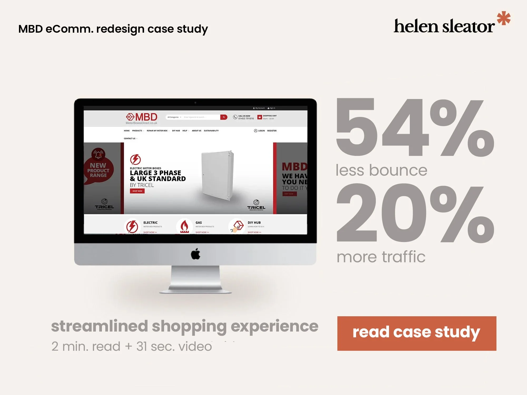 Slide from a presentation showing a computer screen with an online store of electrical meters, alongside statistics indicating a 54% reduction in bounce rate, 20% increase in traffic, and a call-to-action button to read a case study. The slide is tit