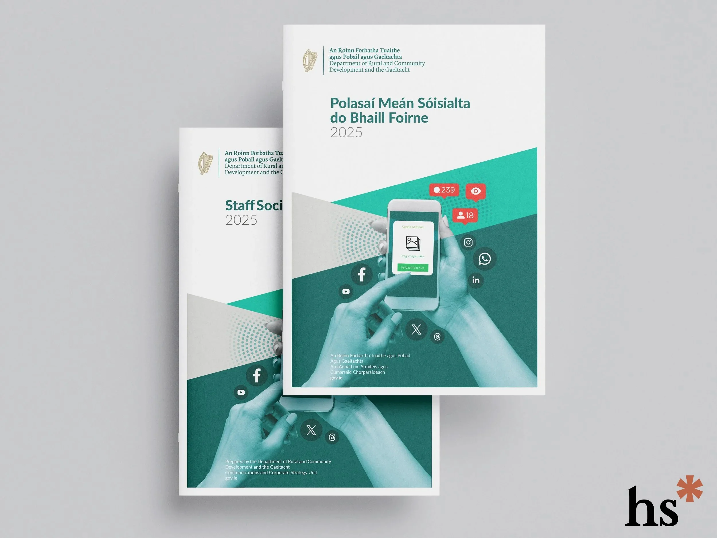 Two government reports titled 'Staff Social' and 'Polasaí Méan Sóisialta do Bhall Foirne' for 2025, with a digital graphic on the cover featuring hands holding a smartphone surrounded by social media icons, notification alerts, and graphic elements o