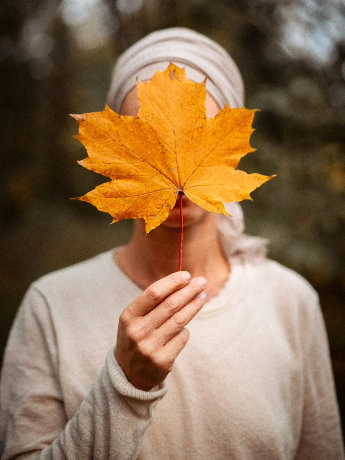 Person hält einen großen, orangefarbenen Ahornblatt vor das Gesicht, das die Sicht verdeckt, während sie draußen im Herbst stehen, mit unscharfem, herbstlichem Hintergrund.