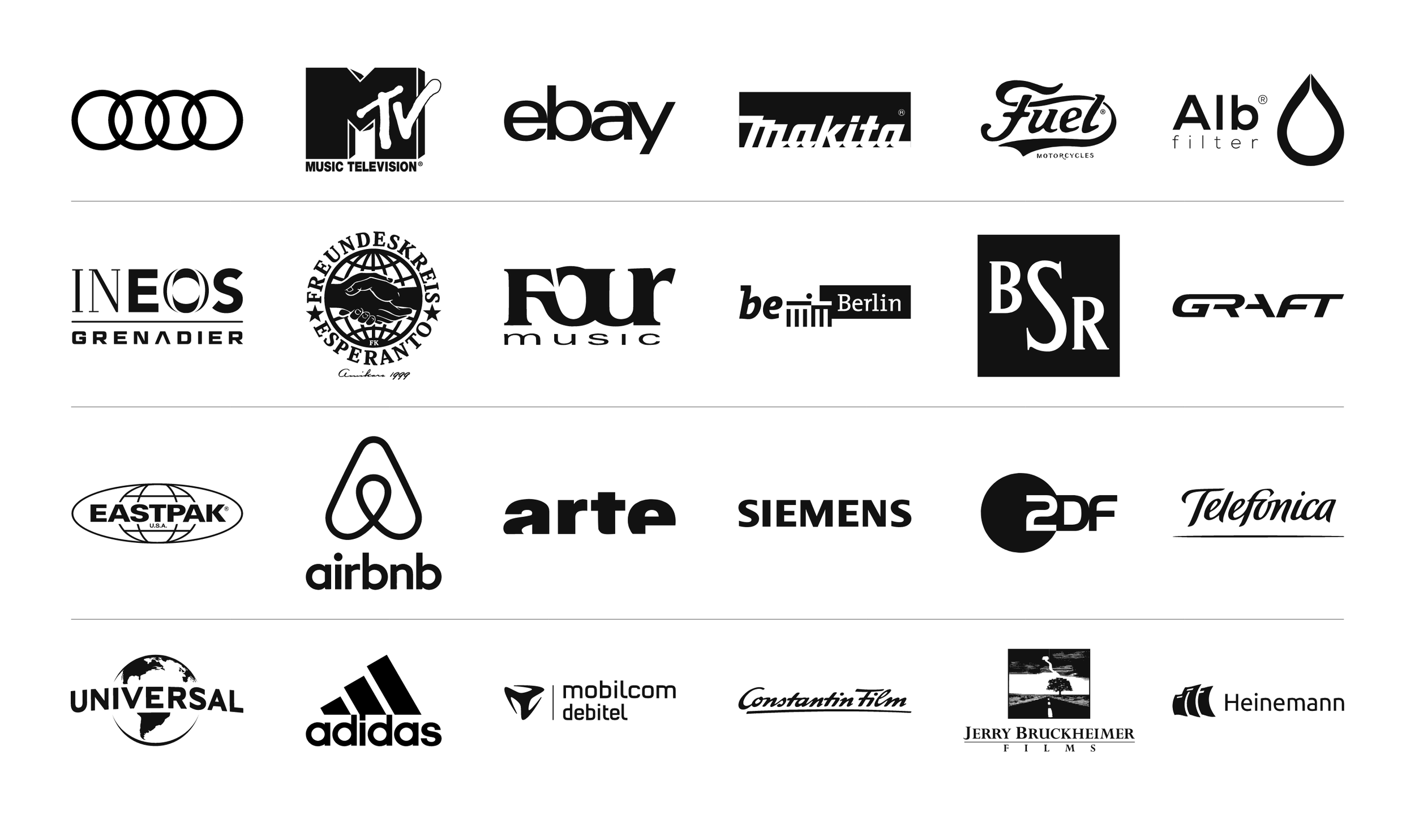 Mehrere Logos bekannter Marken und Unternehmen, einschließlich Audi, MTV, eBay, Makita, Fuel, Alb Filter, INEOS Grenadier, Freundeskreis Esperanto, Four Music, Berlin, Graft, Eastpak, Airbnb, Arte, Siemens, 2DF, Telefonica, Universal, Adidas, Mobilcom Debitel, Constantin Film, Jerry Bruckheimer Films, Heinemann.