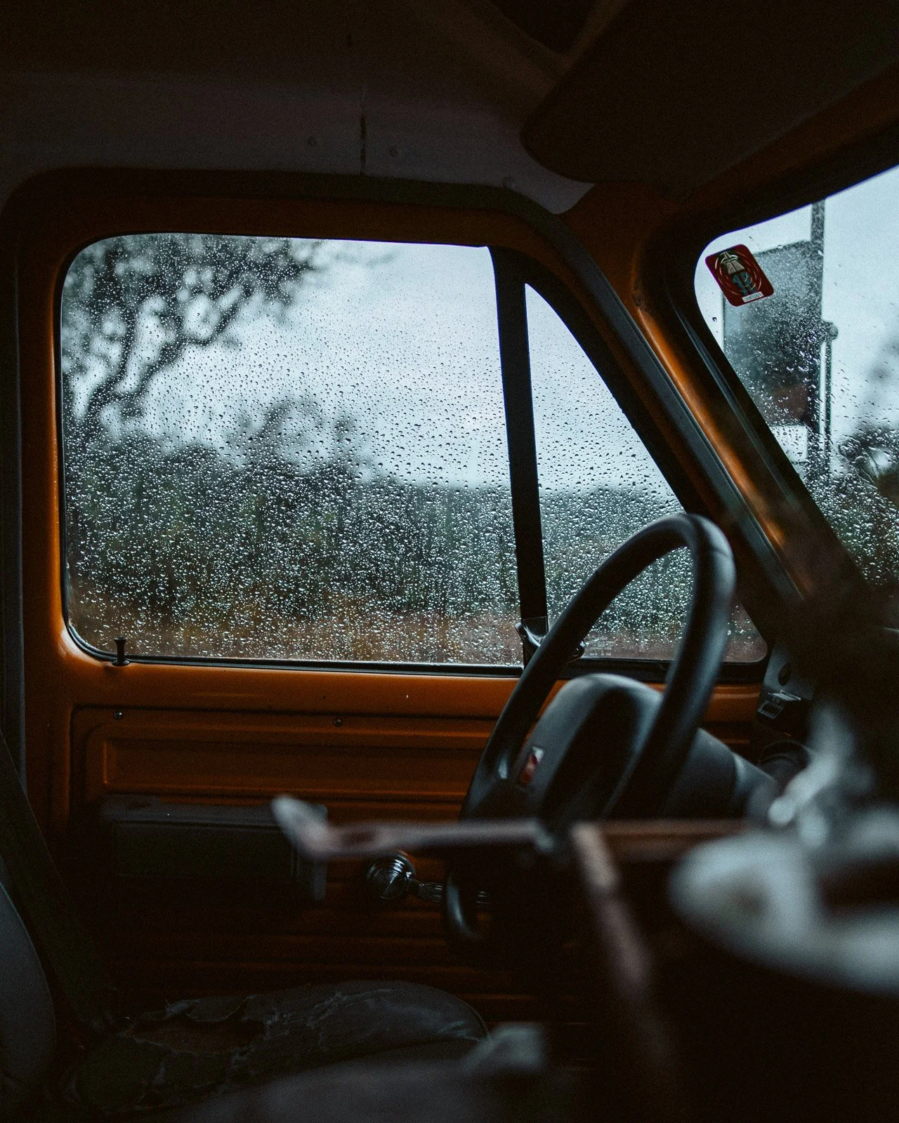 Ein Blick aus dem Inneren eines alten VW-Busses mit regengeschlossener Scheibe, grauem Himmel und Bäumen im Hintergrund.