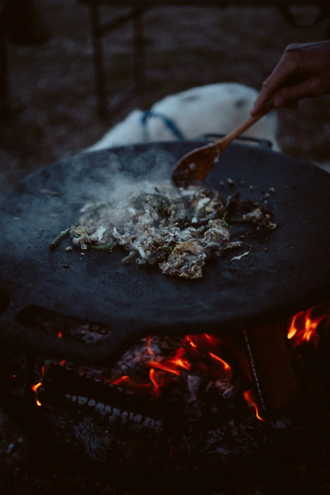 Jemand kocht Essen auf einem offenen Feuer im Freien.