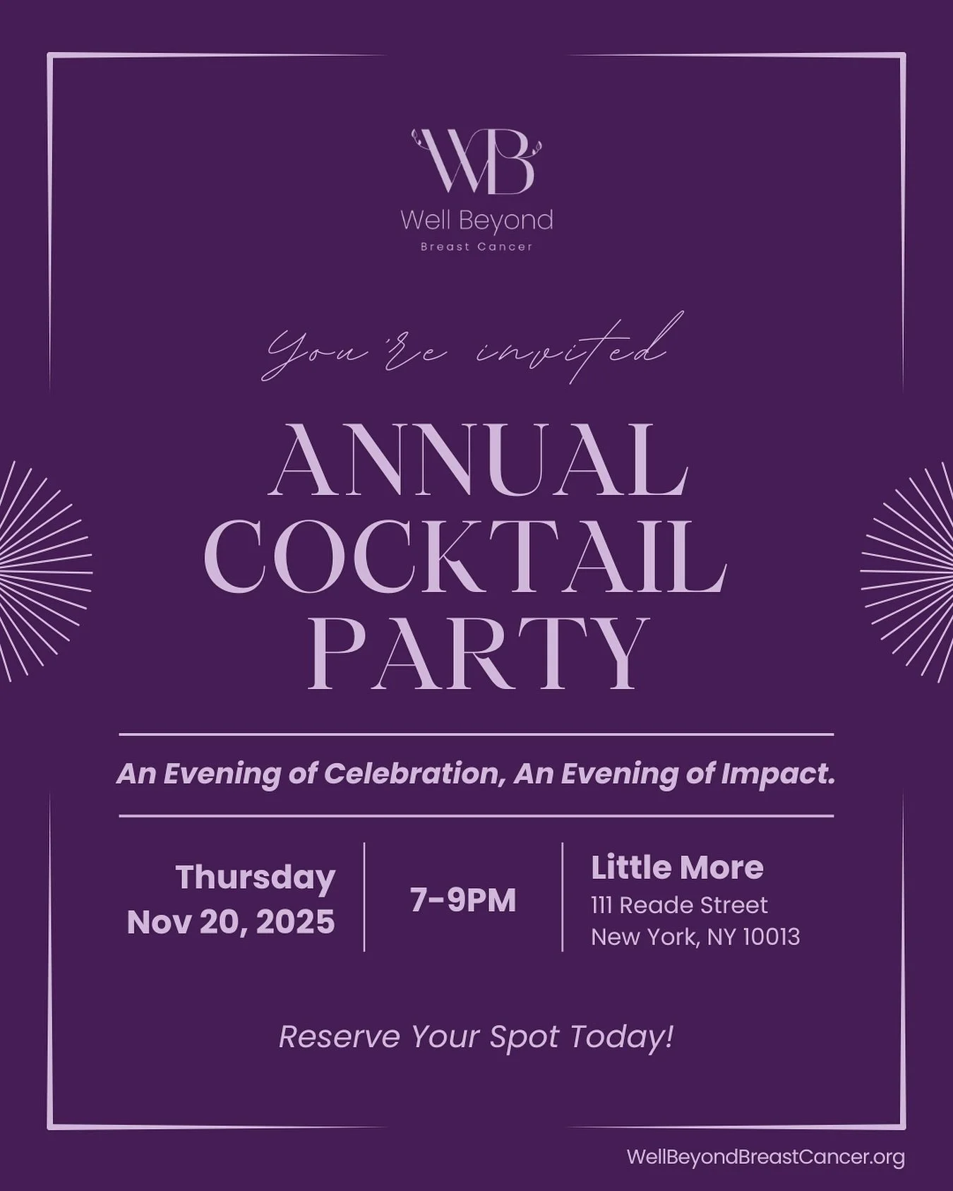 Tickets are officially ON SALE! ✨🥂

Our Annual Cocktail Party returns on November 20, 2025, for an inspiring evening celebrating our mission to improve the quality of life of the breast cancer community by expanding access to Breast Cancer Rehabilit
