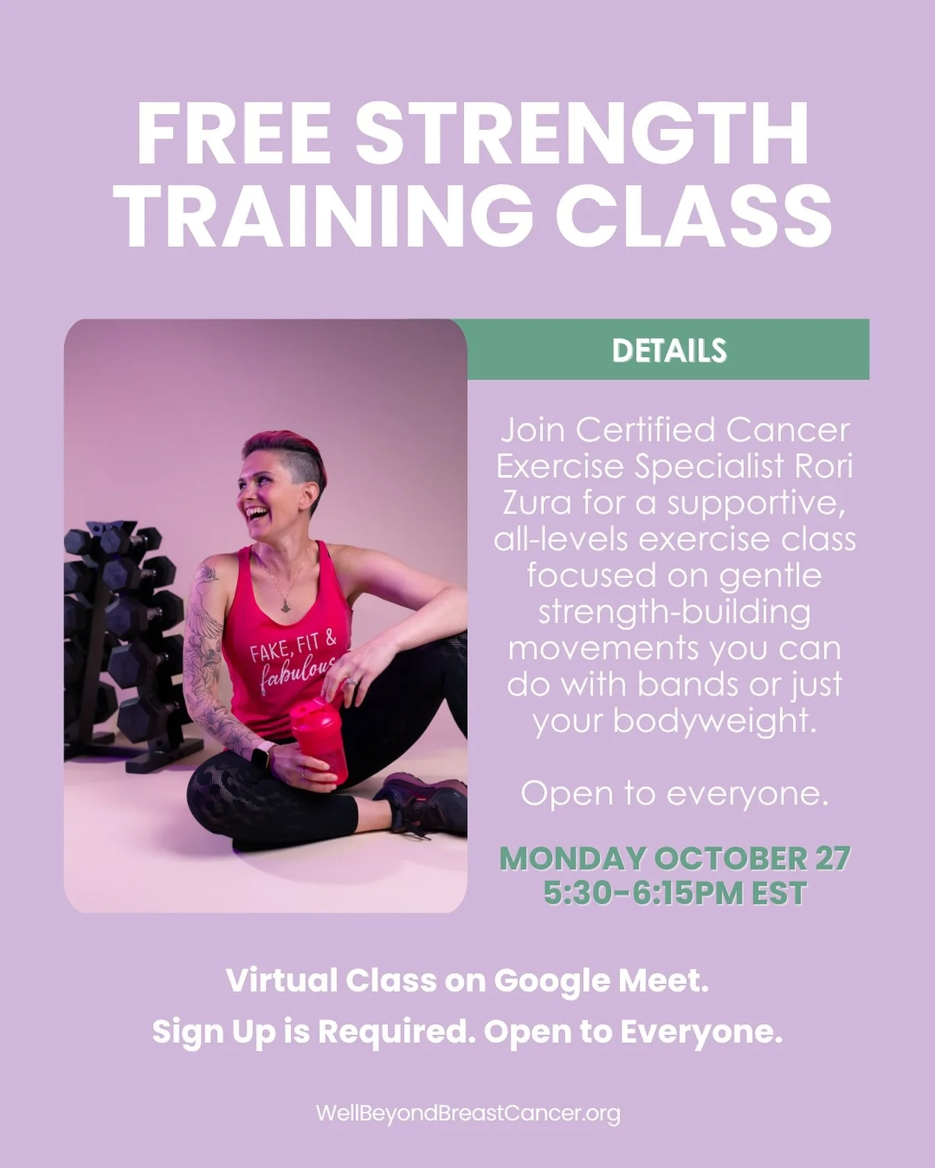 Join Rori Zura, Certified Cancer Exercise Specialist, for a fun and FREE strengthening exercise class. 
๐ Monday, October 27, 2025 
๐  5:30–6:15pm ETโจ๐ป Virtual on Google Meet. Sign up is required
Move with us online using resistance bands,