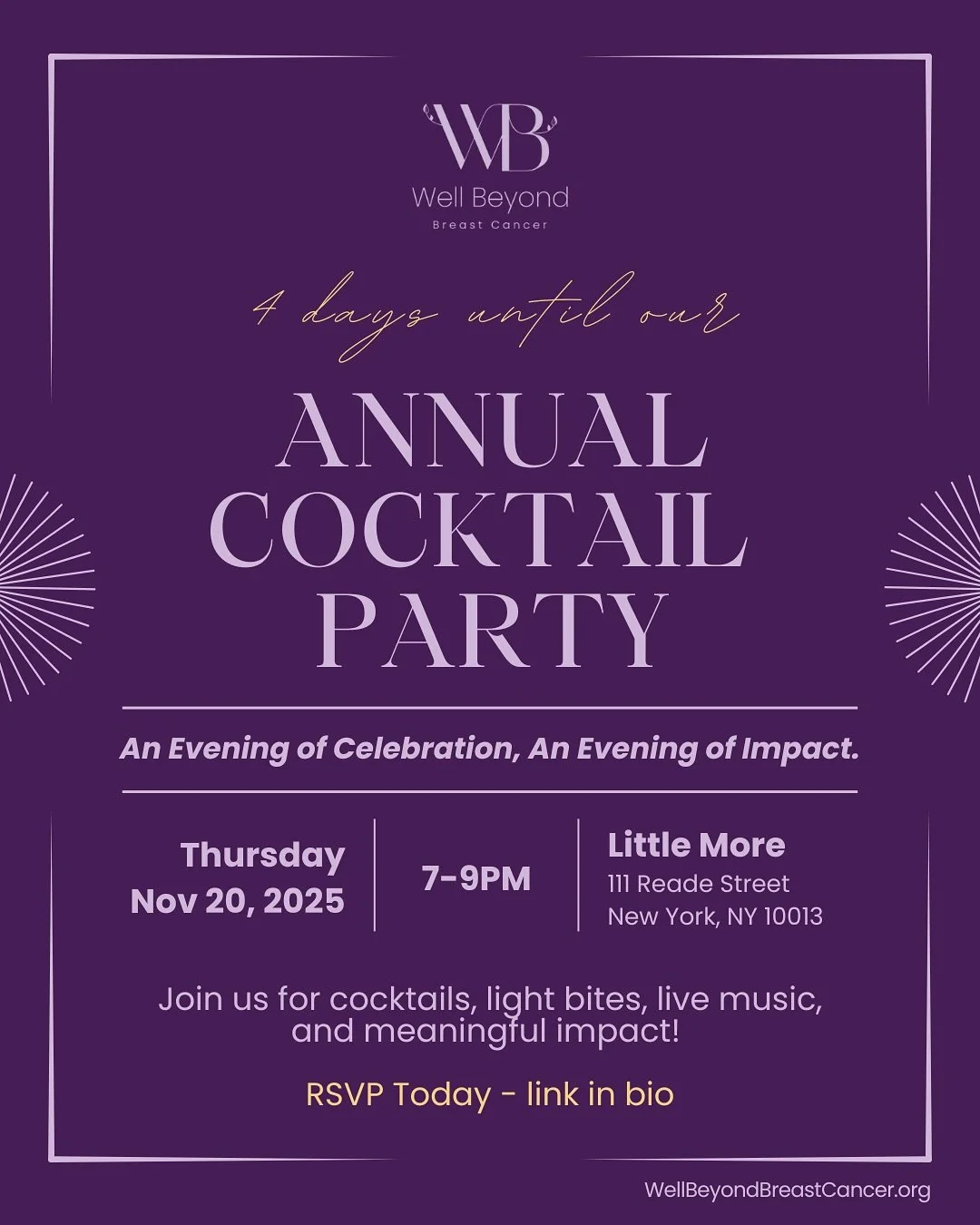 4 DAYS until our Annual Cocktail Party in NYC!🥂

If you haven&rsquo;t secured your ticket yet, now&rsquo;s the perfect time - we&rsquo;re nearly sold out!

Don&rsquo;t miss our most meaningful (&amp; magical) night of the year. 

Join us for cocktai