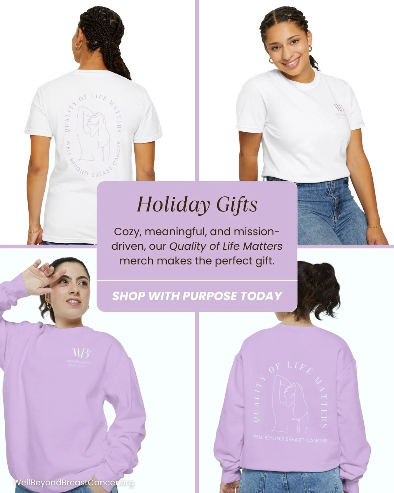 A cozy, meaningful gift for you or someone you love!

100% of proceeds from our &ldquo;Quality of Life Matters&rdquo; tees and sweatshirts fund life-changing Breast Cancer Rehabilitation appointments, helping individuals manage treatment side effects