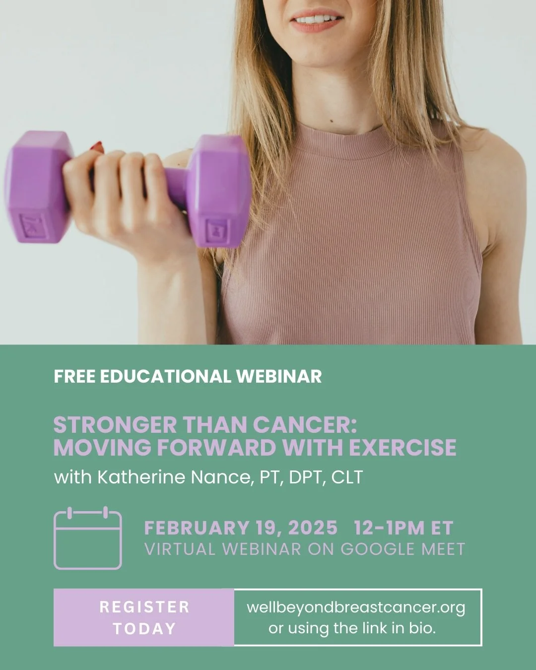 Join us for our next FREE educational webinar - Stronger than Cancer: Moving Forward with Exercise!

🗓️ February 19th from 12-1pm ET
📍 Virtual on Google Meet 
💌 Register by using the link in our bio 
💻 Will be recorded and available for replay 


