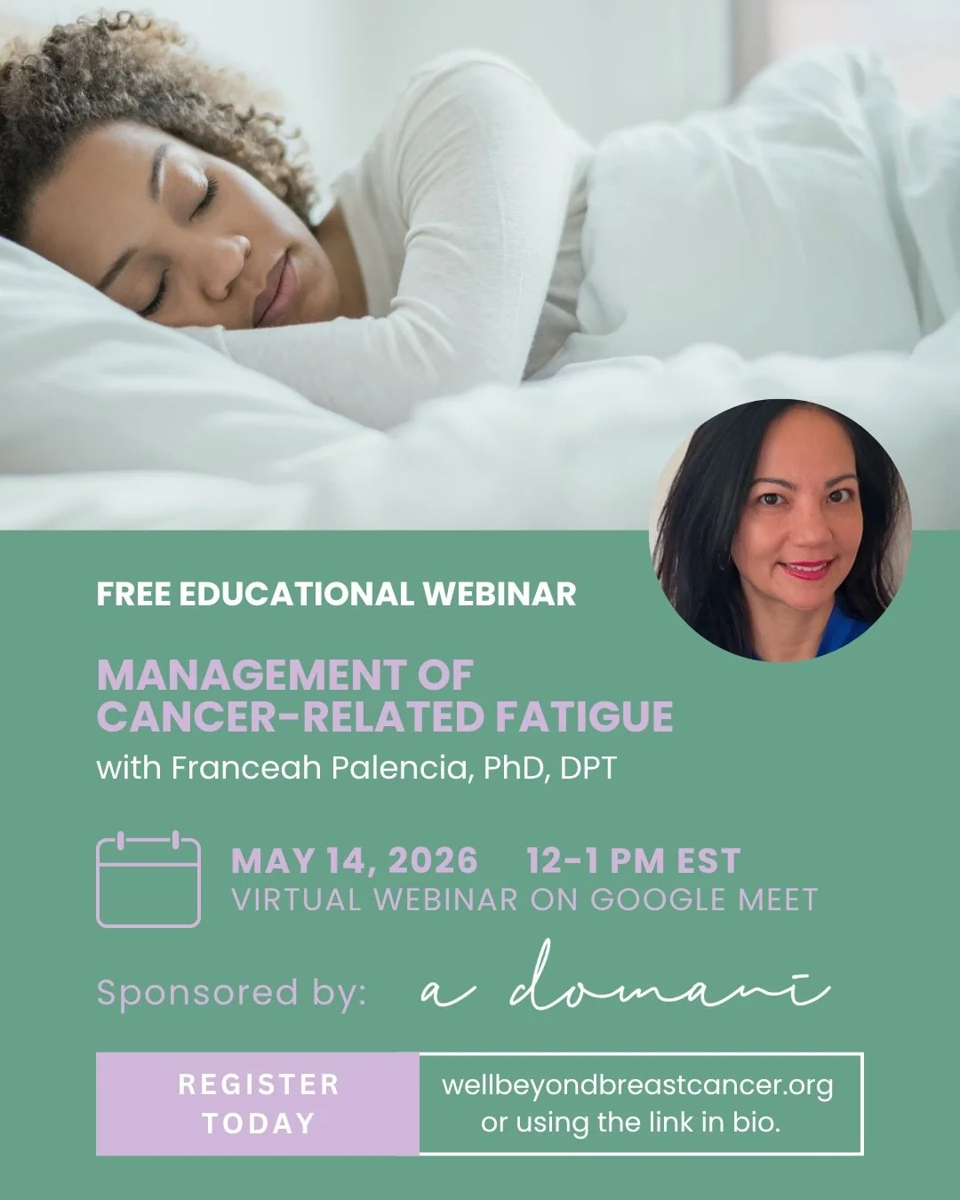 Join us for our next FREE educational webinar: Management of Cancer-Related Fatigue 

🗓️ May 14th from 12-1pm EST
📍 Virtual on Google Meet 
💌 Register by using the link in our bio 

This webinar is made possible thanks to the support of  @adomanis