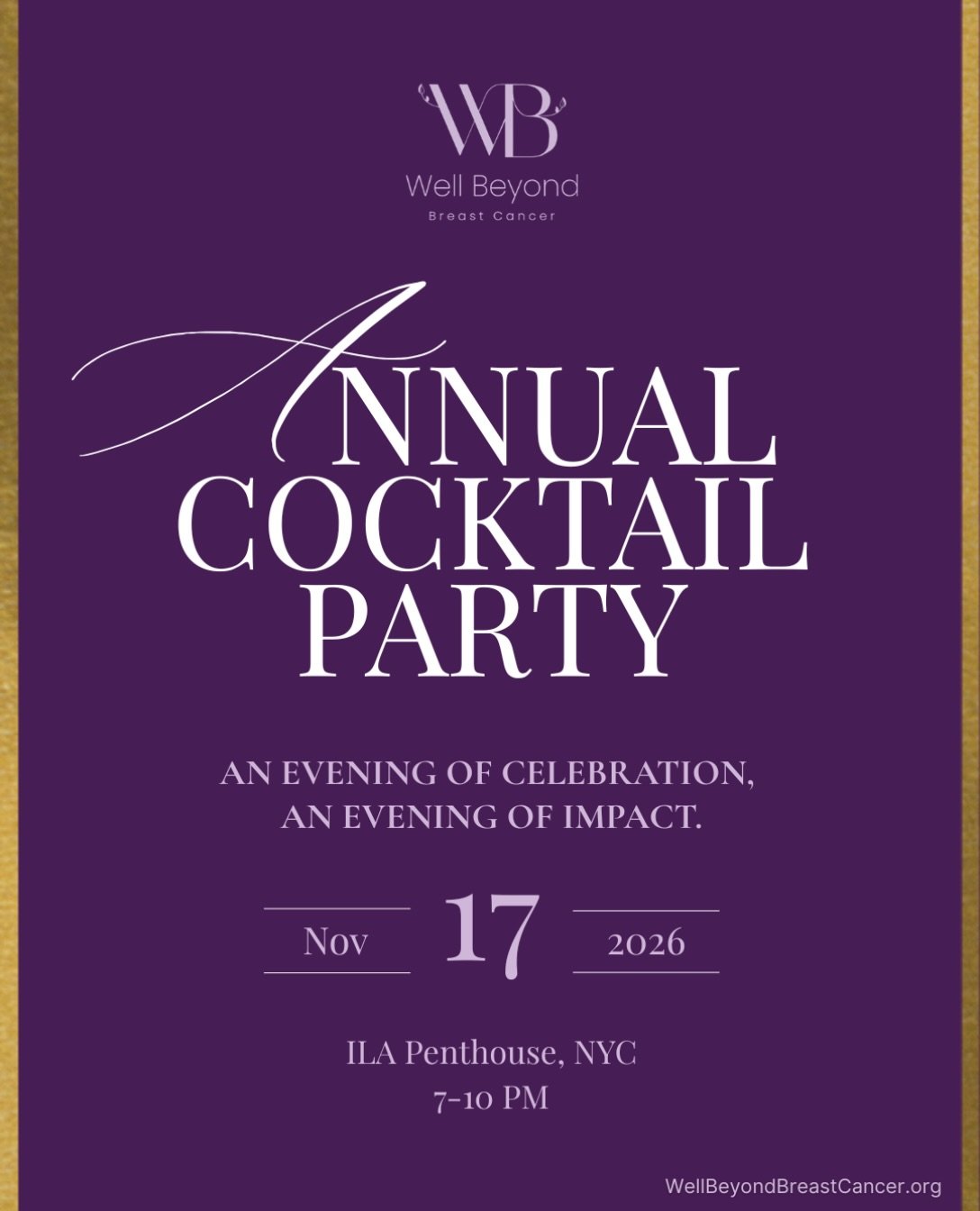ONE MONTH until our Annual Cocktail Party! ✨

Join us in New York City on November 17, 2026, for our most meaningful night of the year, all in support of making rehabilitation care more accessible to breast cancer survivors and previvors.

📍 ILA Pen