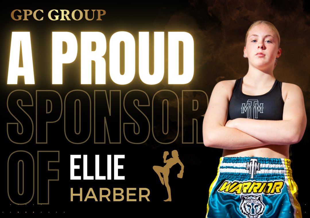  Dramatic image of Ellie Harber Cameron on a dark background with the words, ‘A Proud Sponsor of Ellie Harber’ in large gold and white letters the left  of her image. The gold GPC Group logo is in the top left corner.  