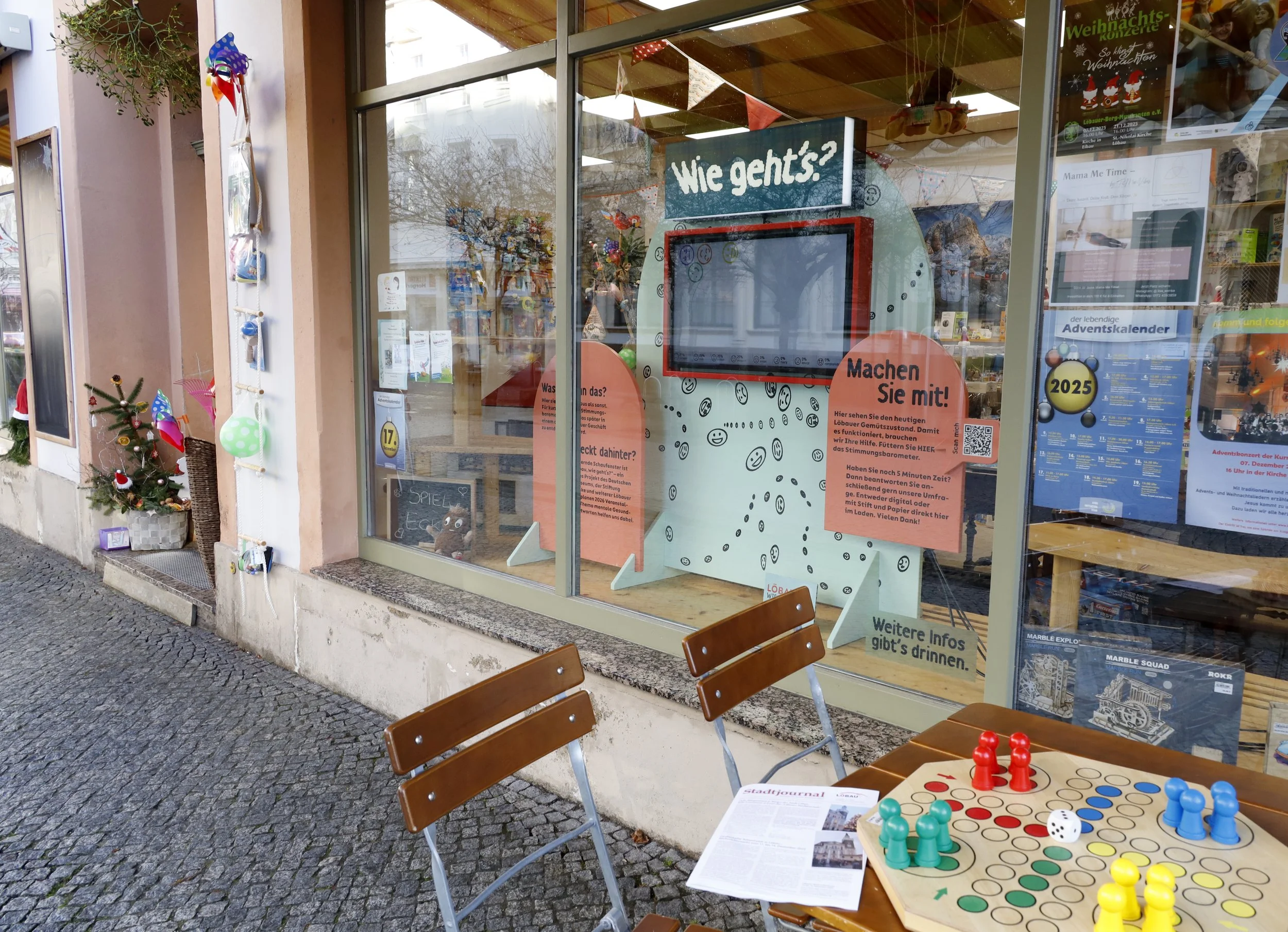 Schaufenster mit interaktivem Stimmungsbarometer und zwei orangefarbenen Informationstafeln mit Texten zu einem Projekt namens »Löbau, wie geht's?«