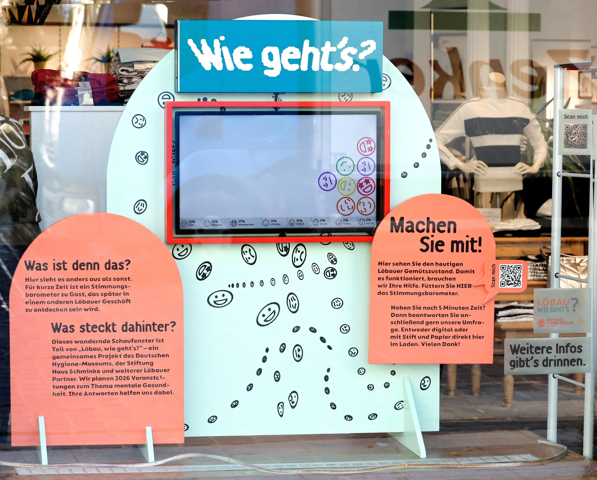 Schaufenster mit interaktivem Stimmungsbarometer und zwei orangefarbenen Informationstafeln mit Texten zu einem Projekt namens »Löbau, wie geht's?«