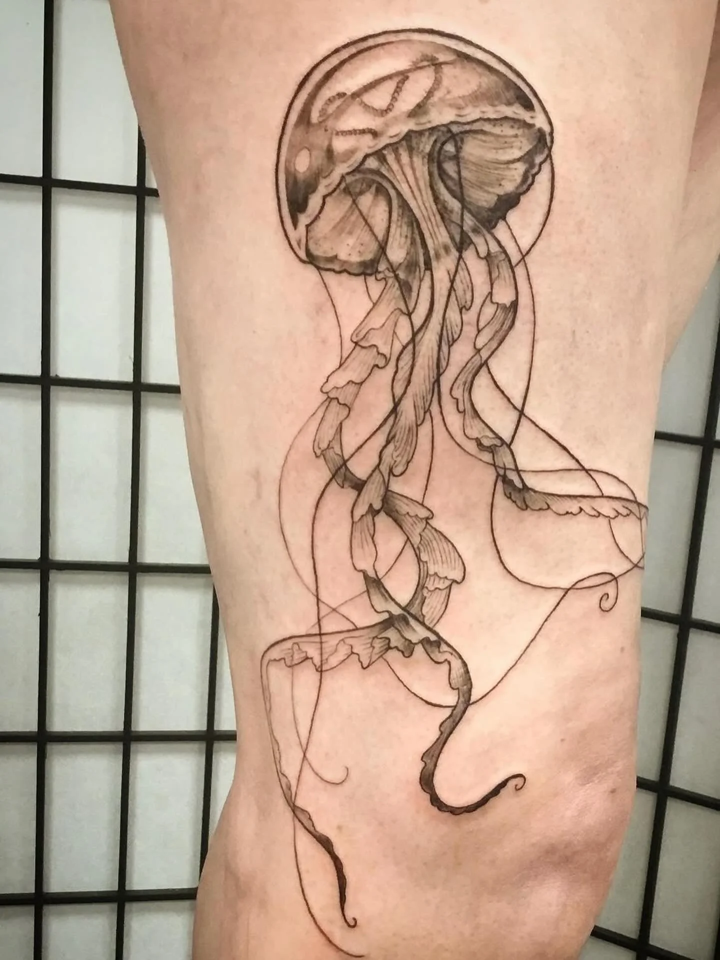 Beautiful jellyfish by the talented @stewpatontattoo which is over actual jellyfish scars!

#illustrativetattoo #bristoltattoo #finelinetattoo #jellyfishtattoo