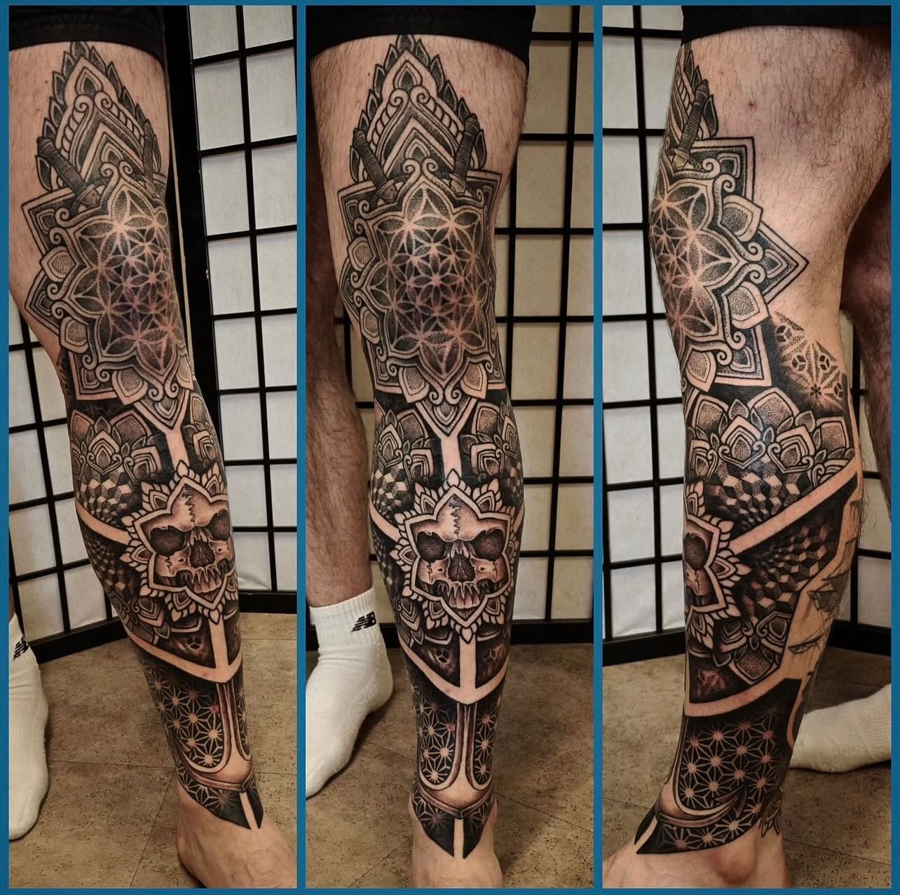 What a leg 🤩 by @toogoodtattoo 

#legsleeve #bristolgeometrictattoo #dotworktattoo #blackworktattoo