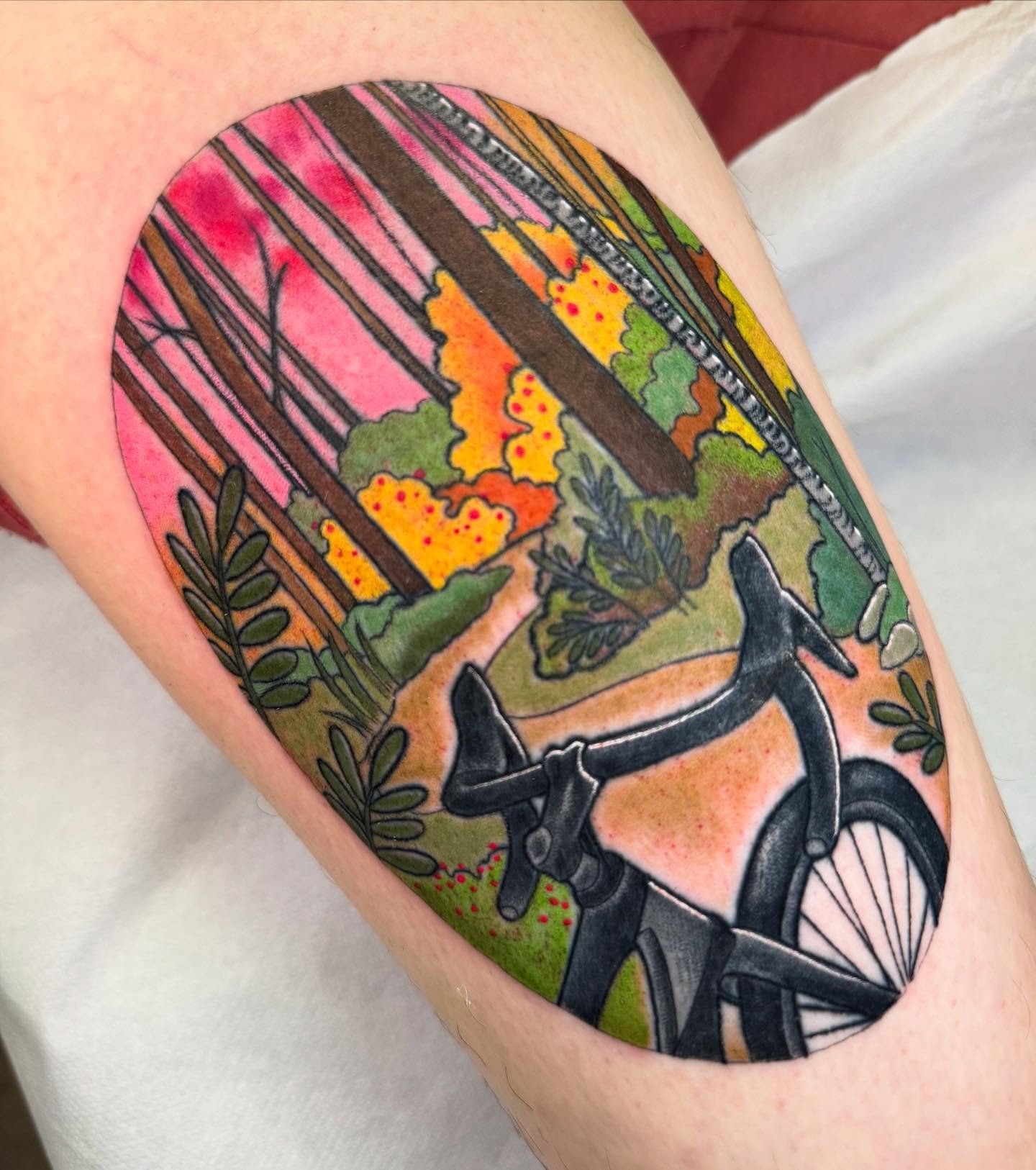 Gorgeous bike scene by our wonderful @paulacastletattoos 🚲

#neotradtattoo #bristoltradtattoo #biketattoo #pinksky #colourfultattoo