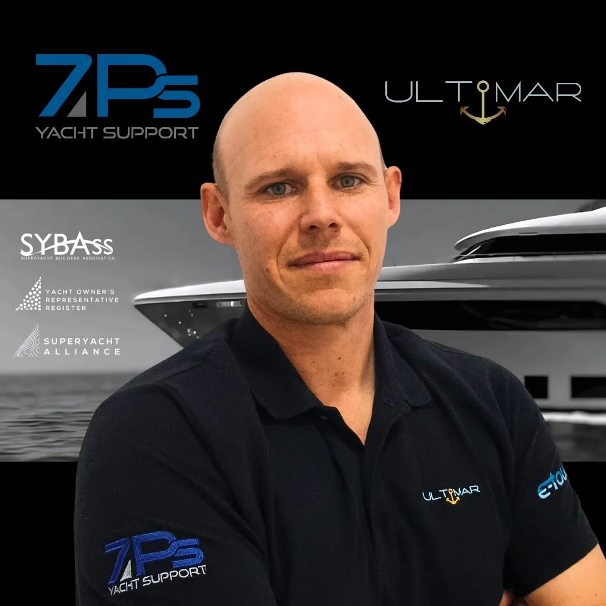 A man with a bald head wearing a black polo shirt with the logos of Ultmar and ZPS YACHT SUPPORT, standing in front of a yacht and a graphic background featuring yacht-related logos.